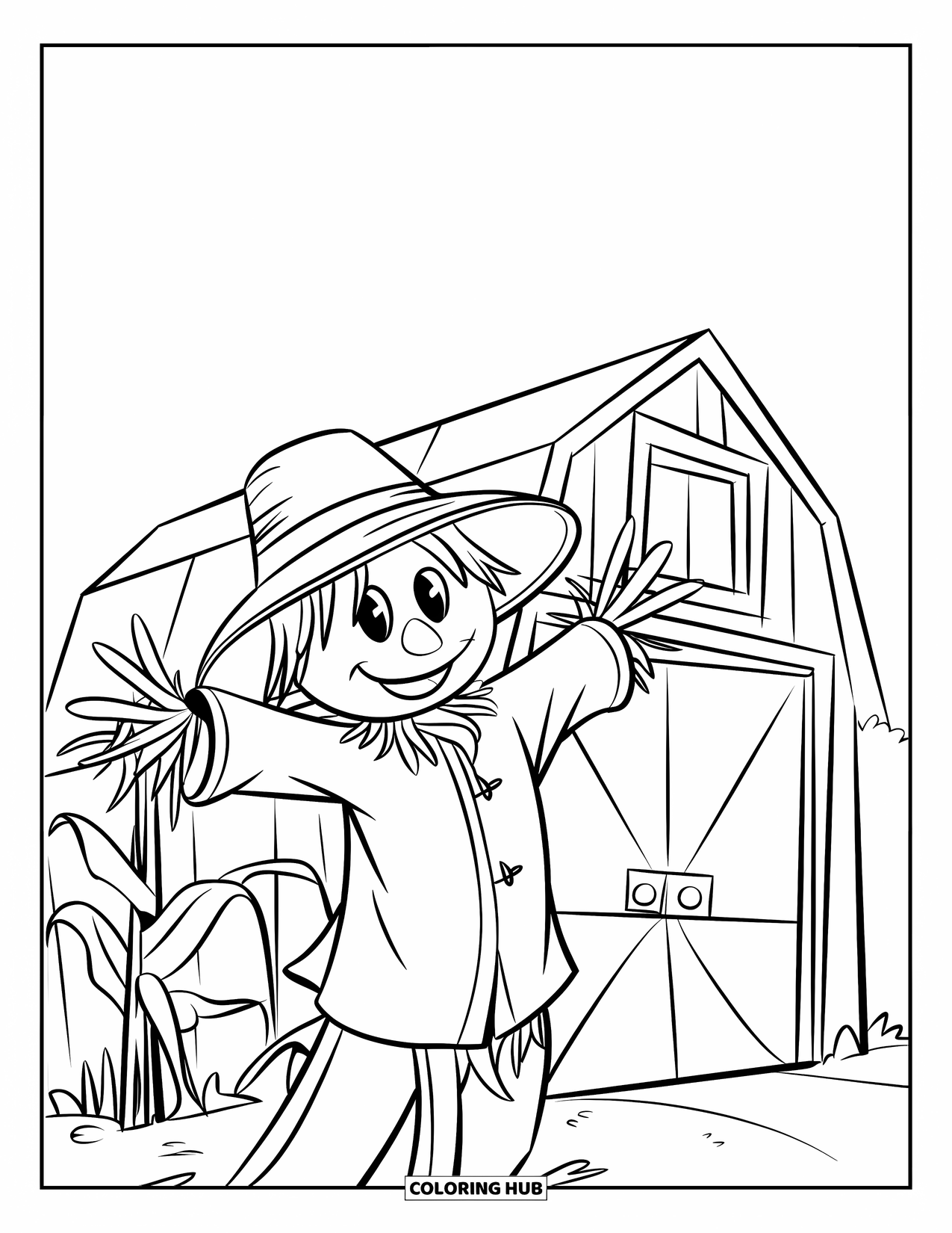 Scarecrow Coloring Page for Kids: A smiling scarecrow waves beside a barn with nearby cornstalks and blue skies