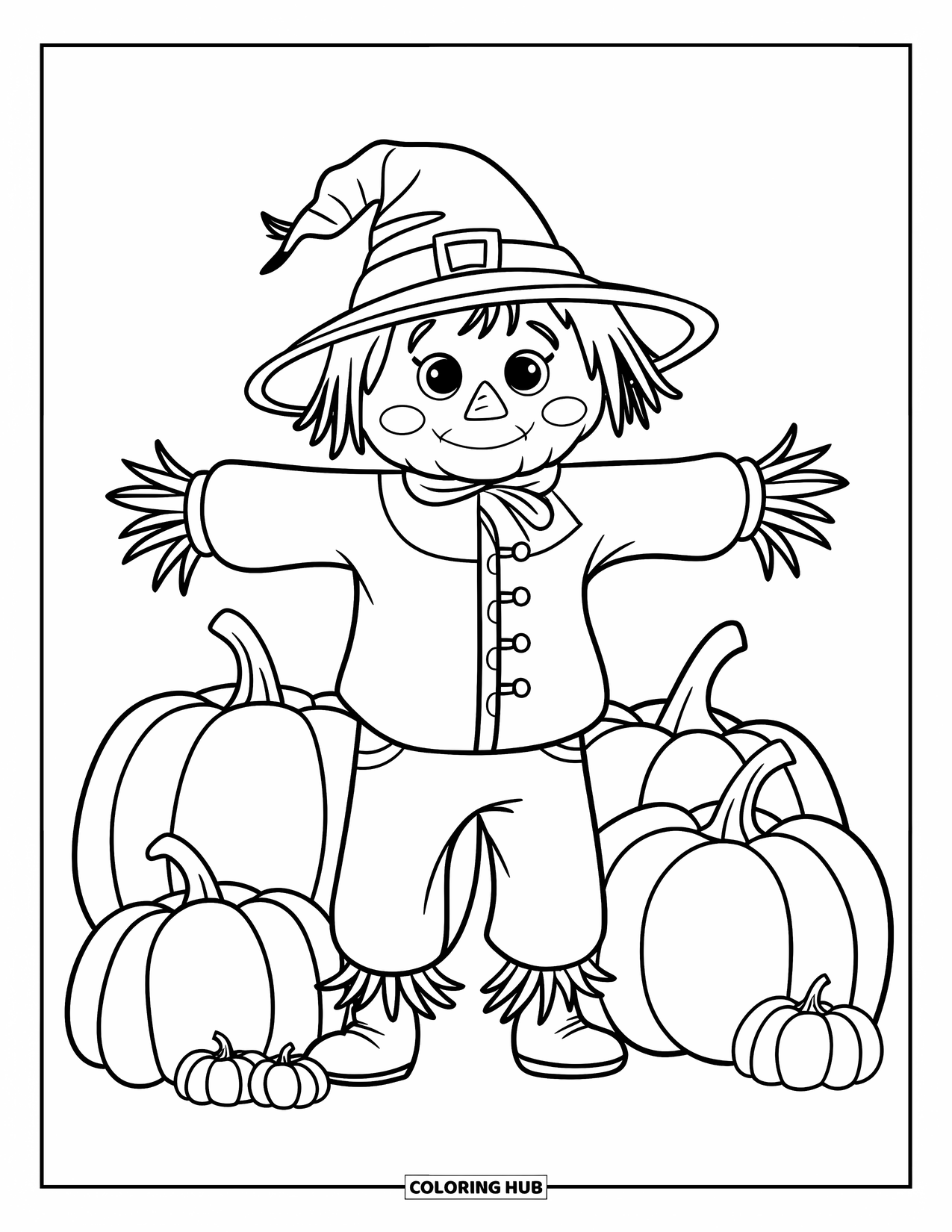 Scarecrow Coloring Page for Kids: A straw-hatted scarecrow stands in a patch with variously sized pumpkins under a clear sky