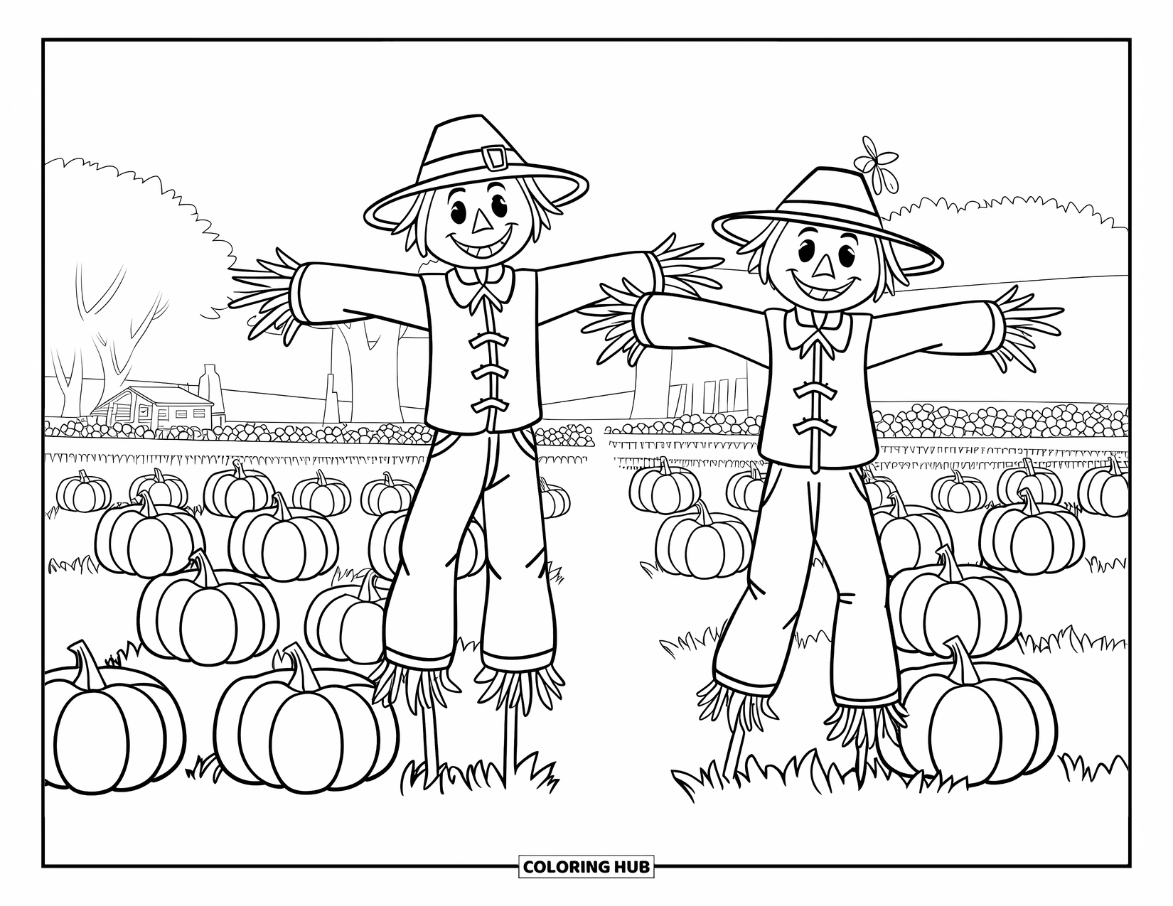 Scarecrow Coloring Page for Kids: Two scarecrows stand in a pumpkin-lined field with trees and a distant building