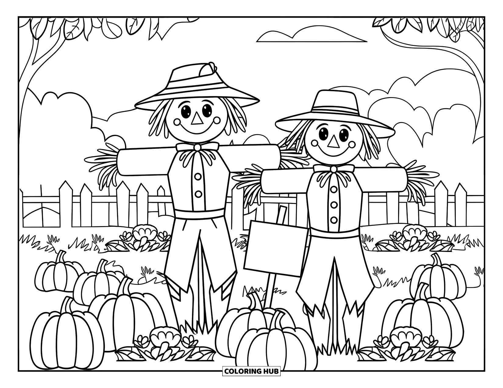 Scarecrow Coloring Page for Kids: Two scarecrows with signs and hats stand in a modern, expressive farm scene