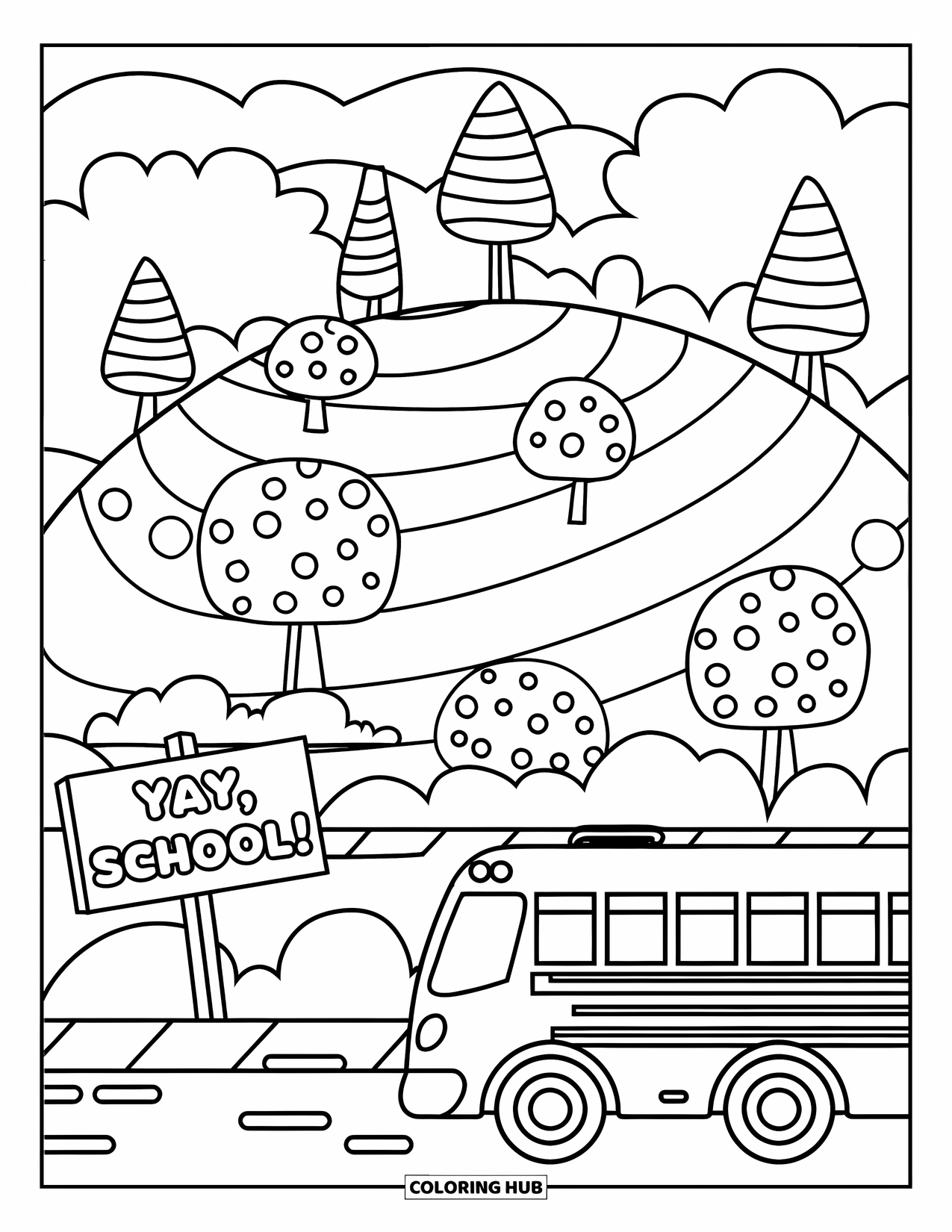 School Bus Coloring Page for Adults: A bubbly "Yay, School!" sign stands near a school bus and playful doodle landscape