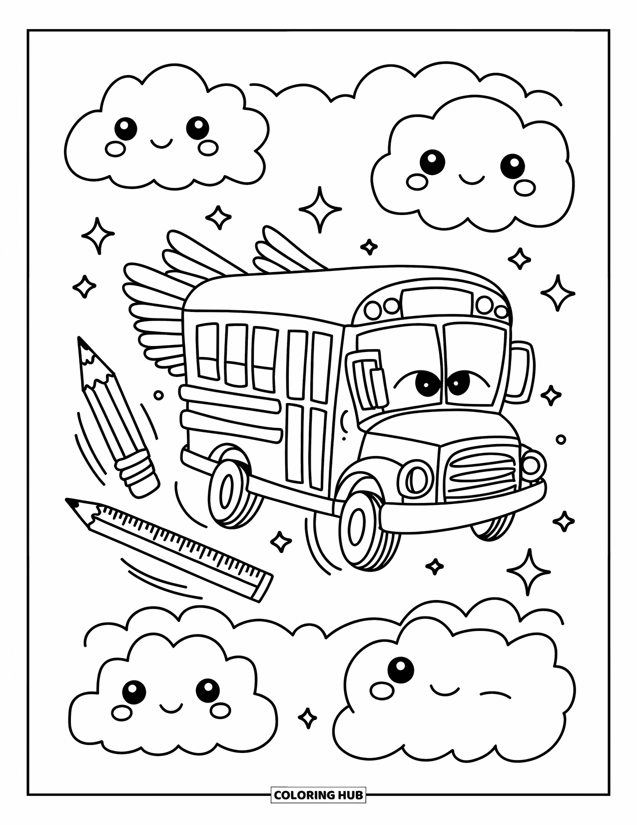 School Bus Coloring Page for Adults: A cheerful school bus with tiny wings flies through clouds beside floating school supplies