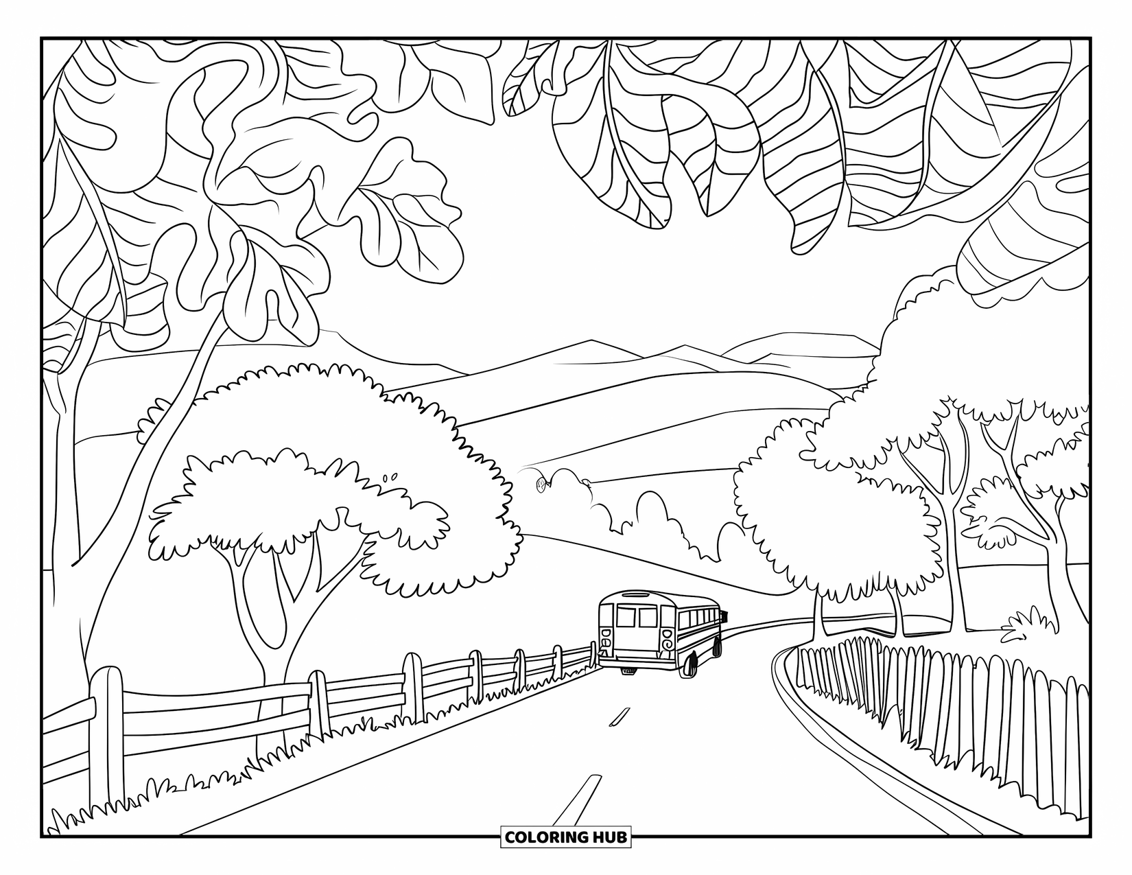 School Bus Coloring Page for Adults: A country road with a school bus, trees, fence, and mountains in the distance