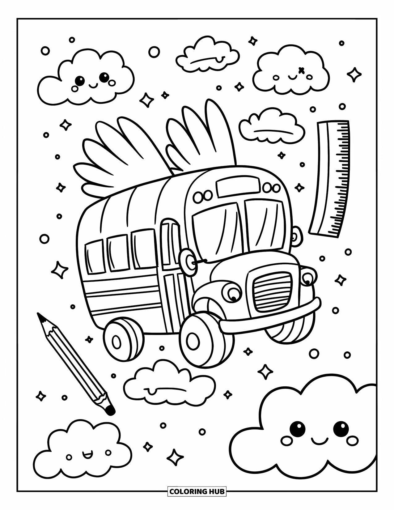 School Bus Coloring Page for Adults: A flying school bus with stubby wheels drifts through clouds and twinkling stars