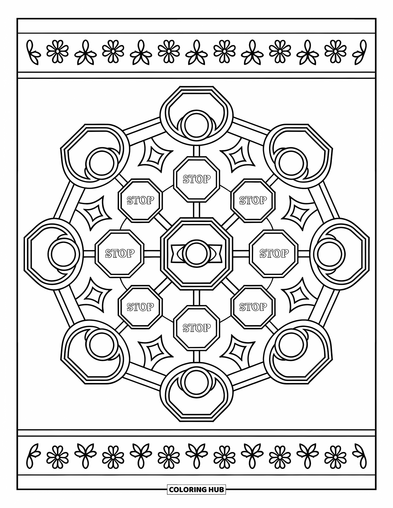 School Bus Coloring Page for Adults: A mandala of bus parts framed by a border with tiny floral designs