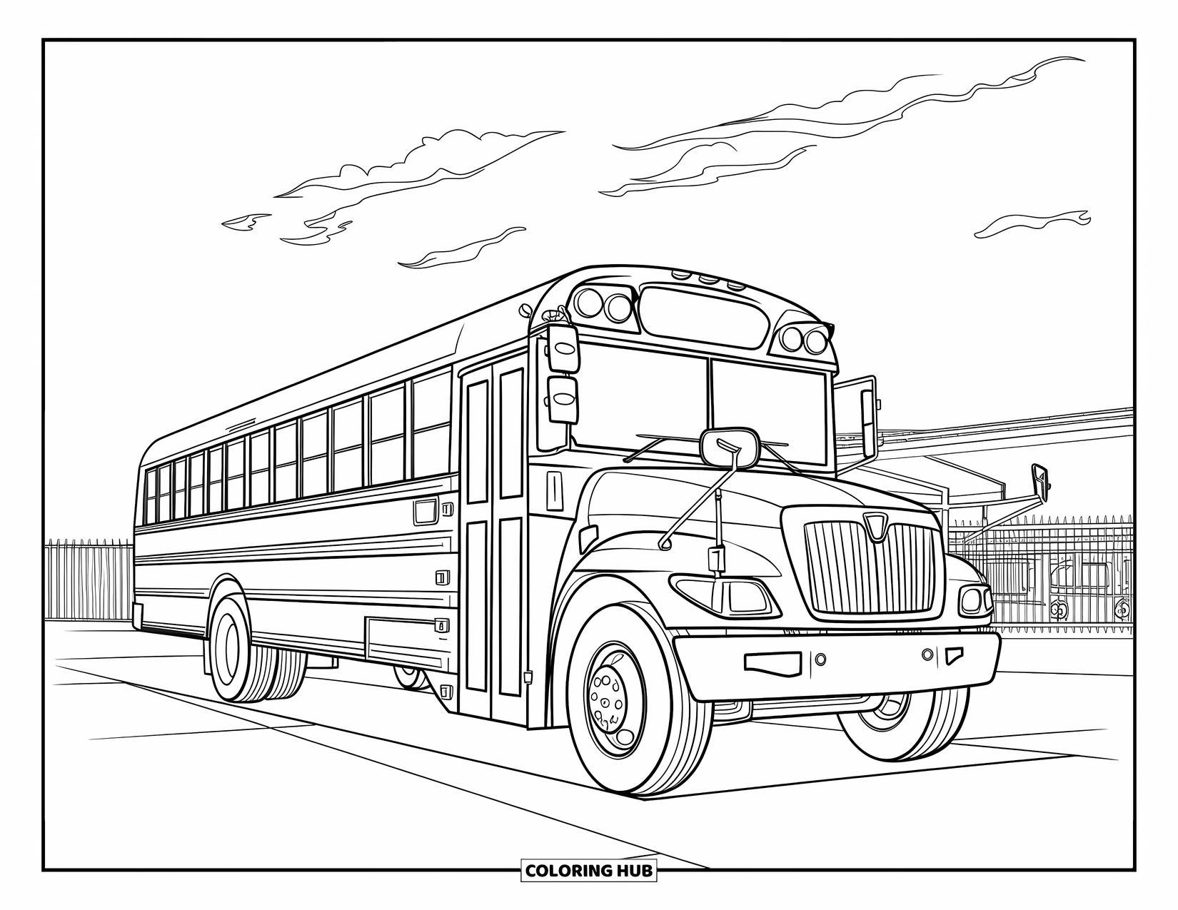 School Bus Coloring Page for Adults: A parked school bus at a depot surrounded by a fence, clouds, and vehicles