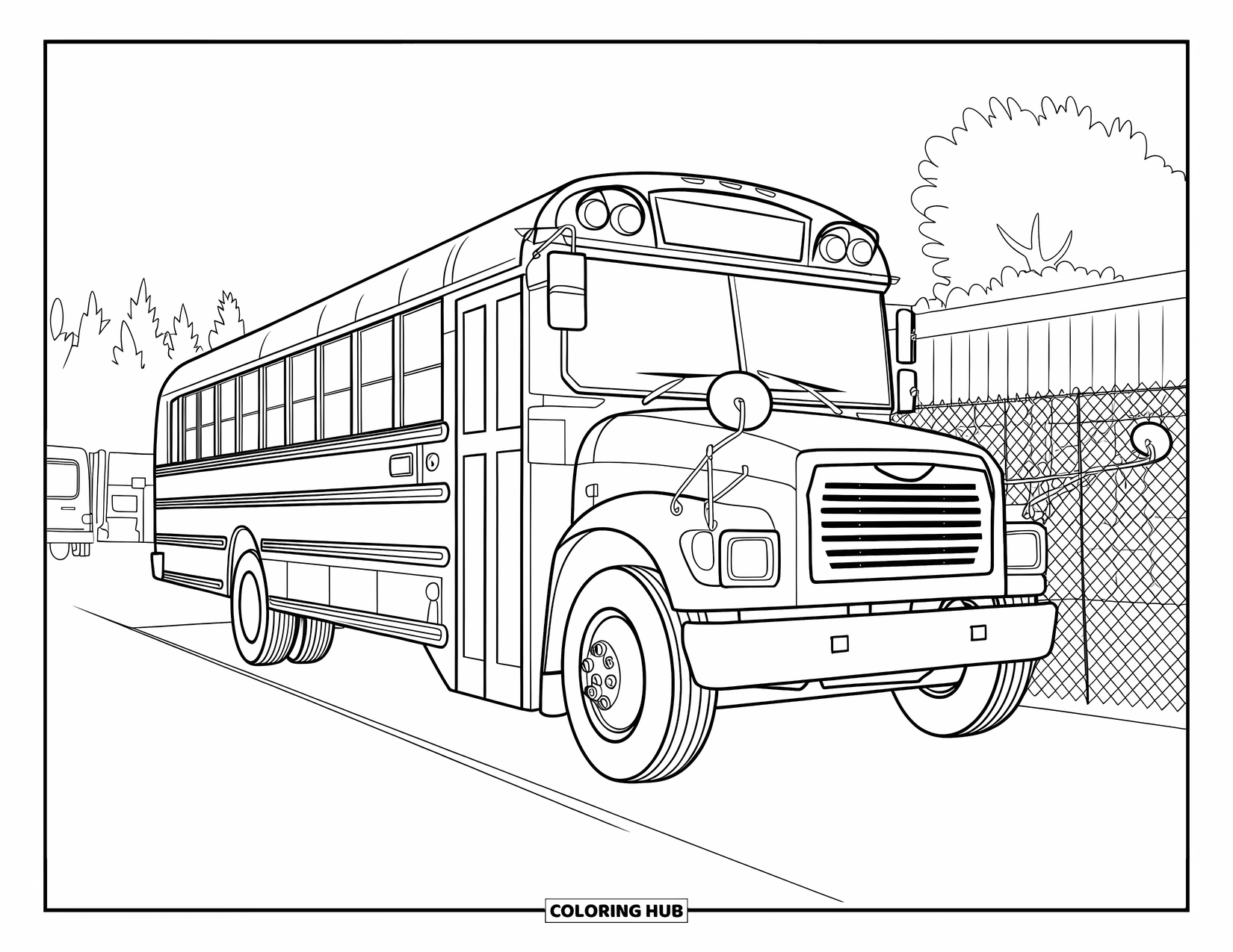 School Bus Coloring Page for Adults: A realistic school bus is parked at a depot with fences, trees, and other vehicles
