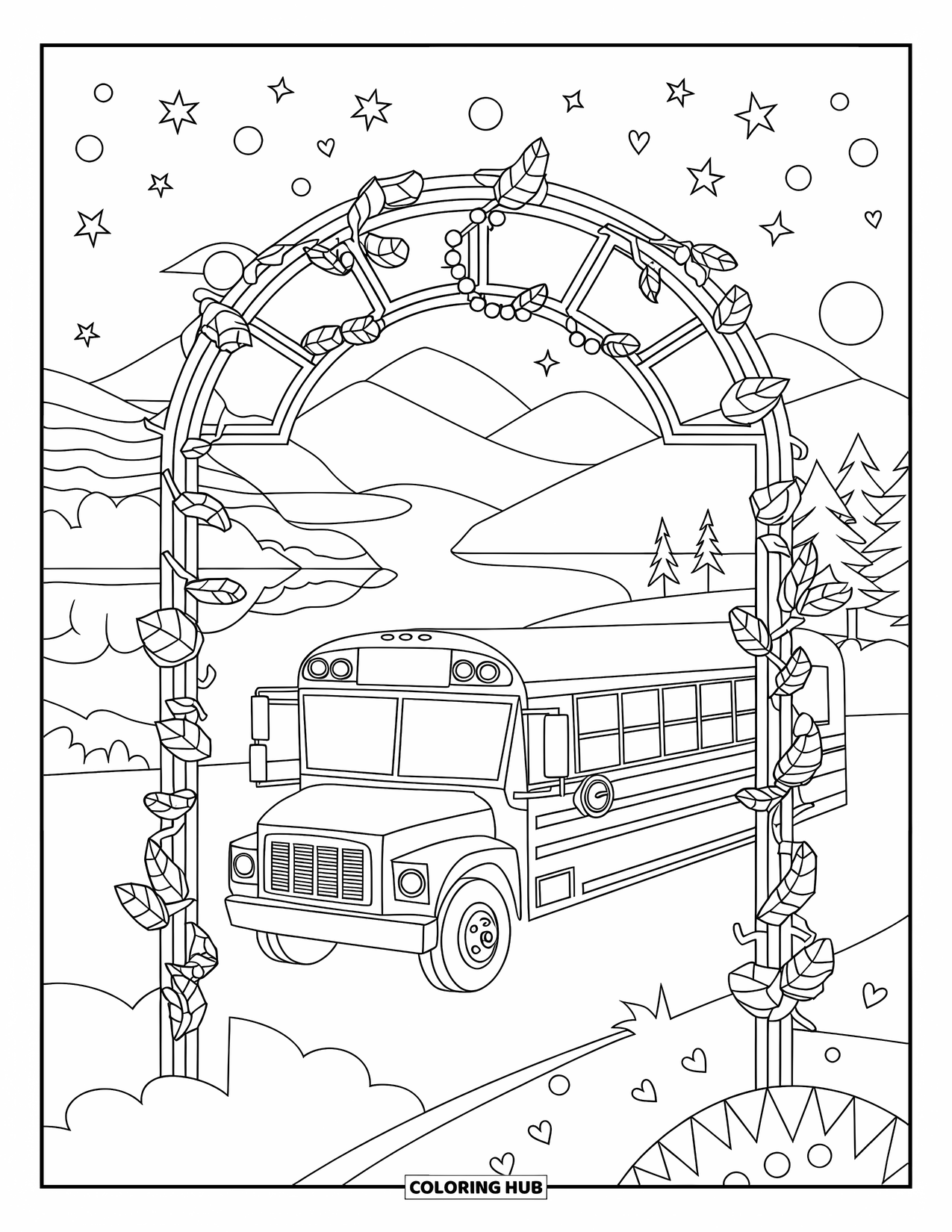 School Bus Coloring Page for Adults: A school bus rests beneath a trellis with stars, hearts, and peaceful scenery