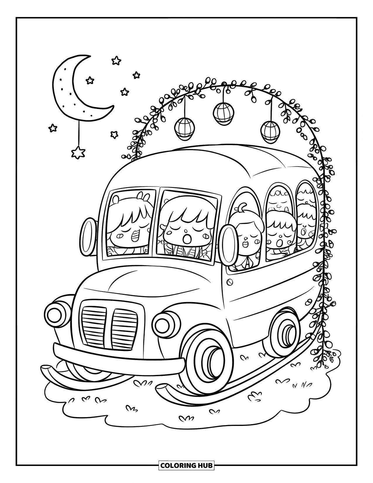 School Bus Coloring Page for Adults: A school bus rests under a vine archway with tiny lanterns and stars above