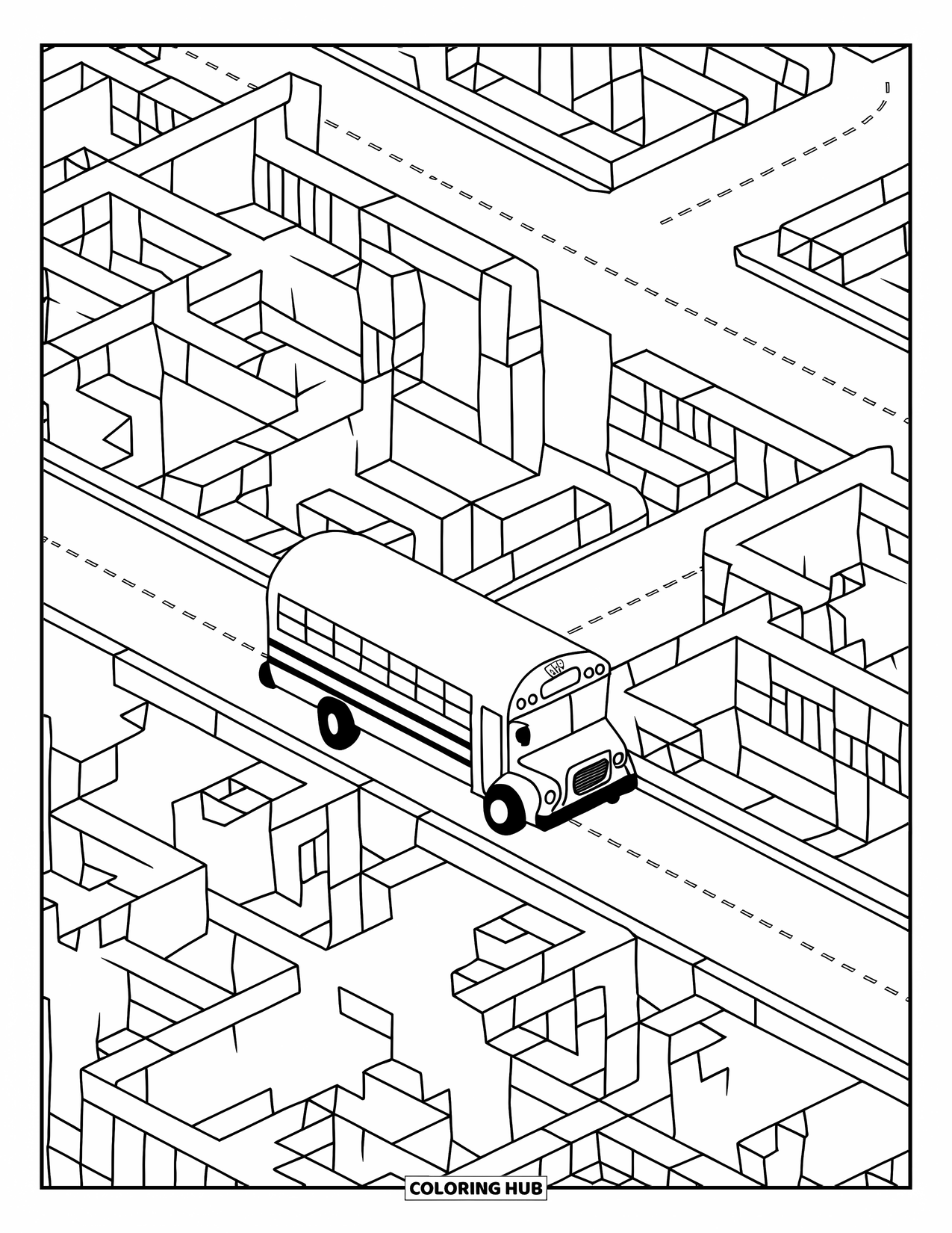 School Bus Coloring Page for Adults: A school bus sits in a maze-like city of repeating roads and quiet buildings