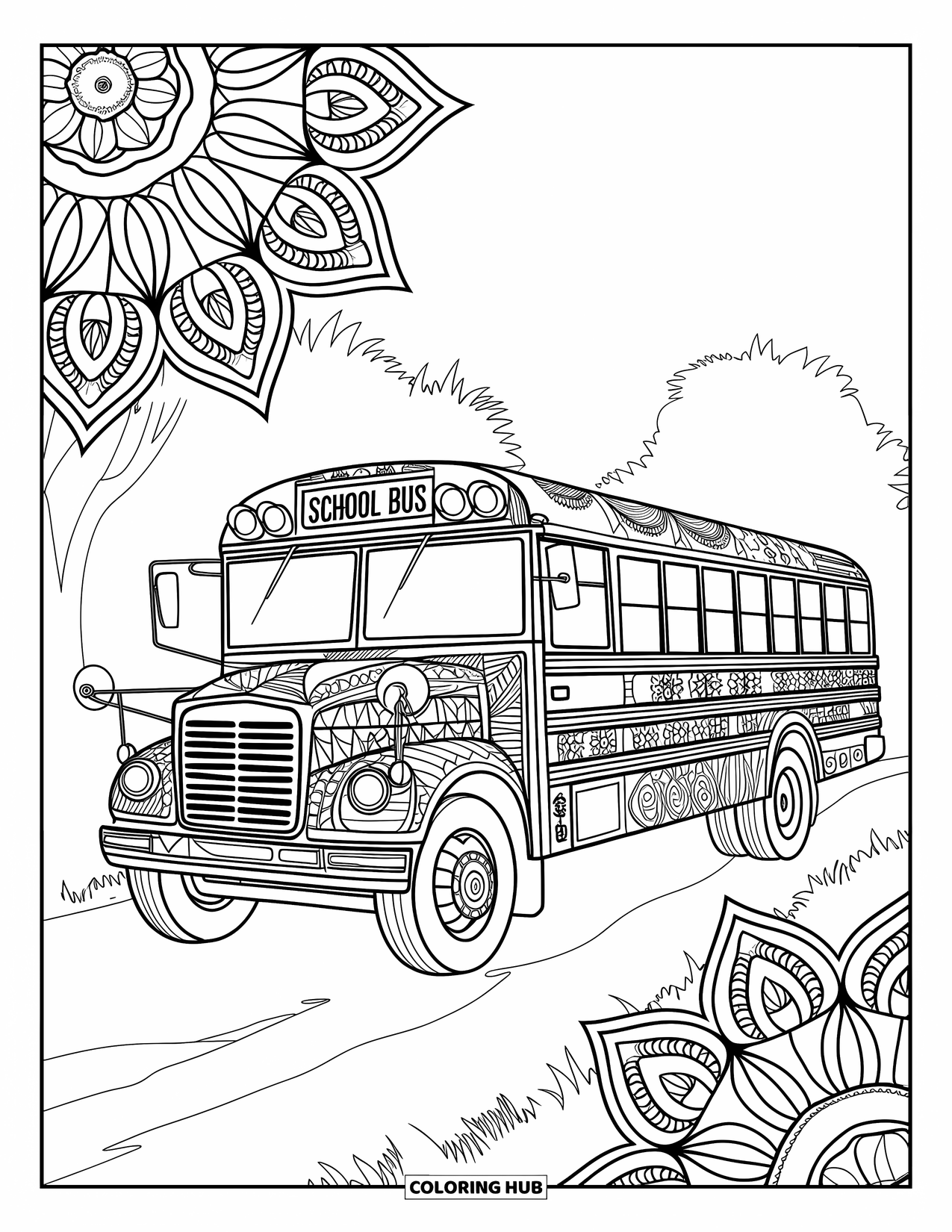 School Bus Coloring Page for Adults: A vintage school bus rests on a dirt road surrounded by large floral mandalas