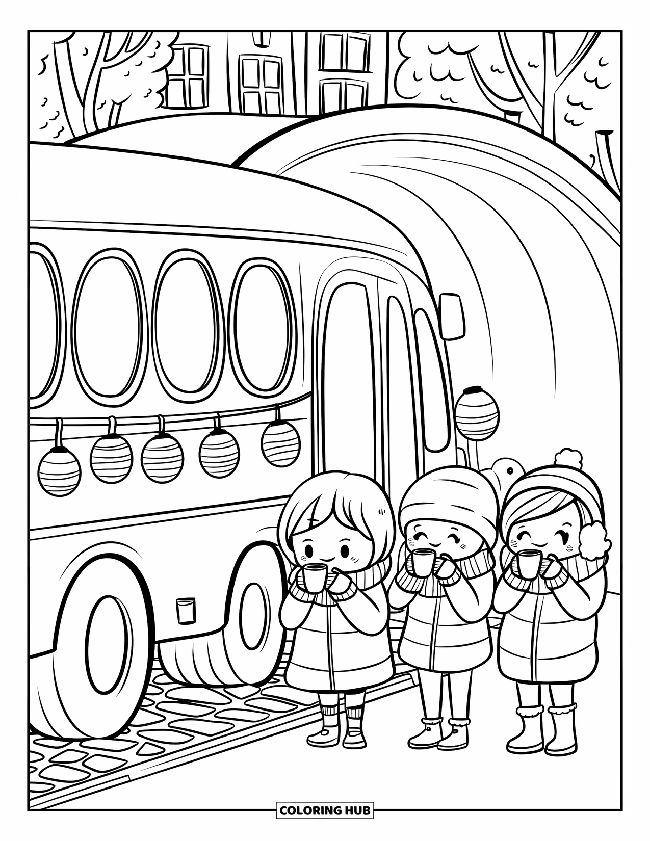 School Bus Coloring Page for Adults: Snug bus and bundled kids gather by a cobbled path under a gentle curved roof