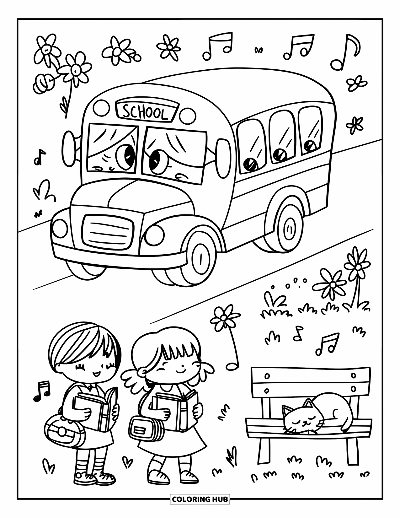 School Bus Coloring Page for Adults: Two kawaii kids wait at a tiny bus stop with a sleepy cat on a bench