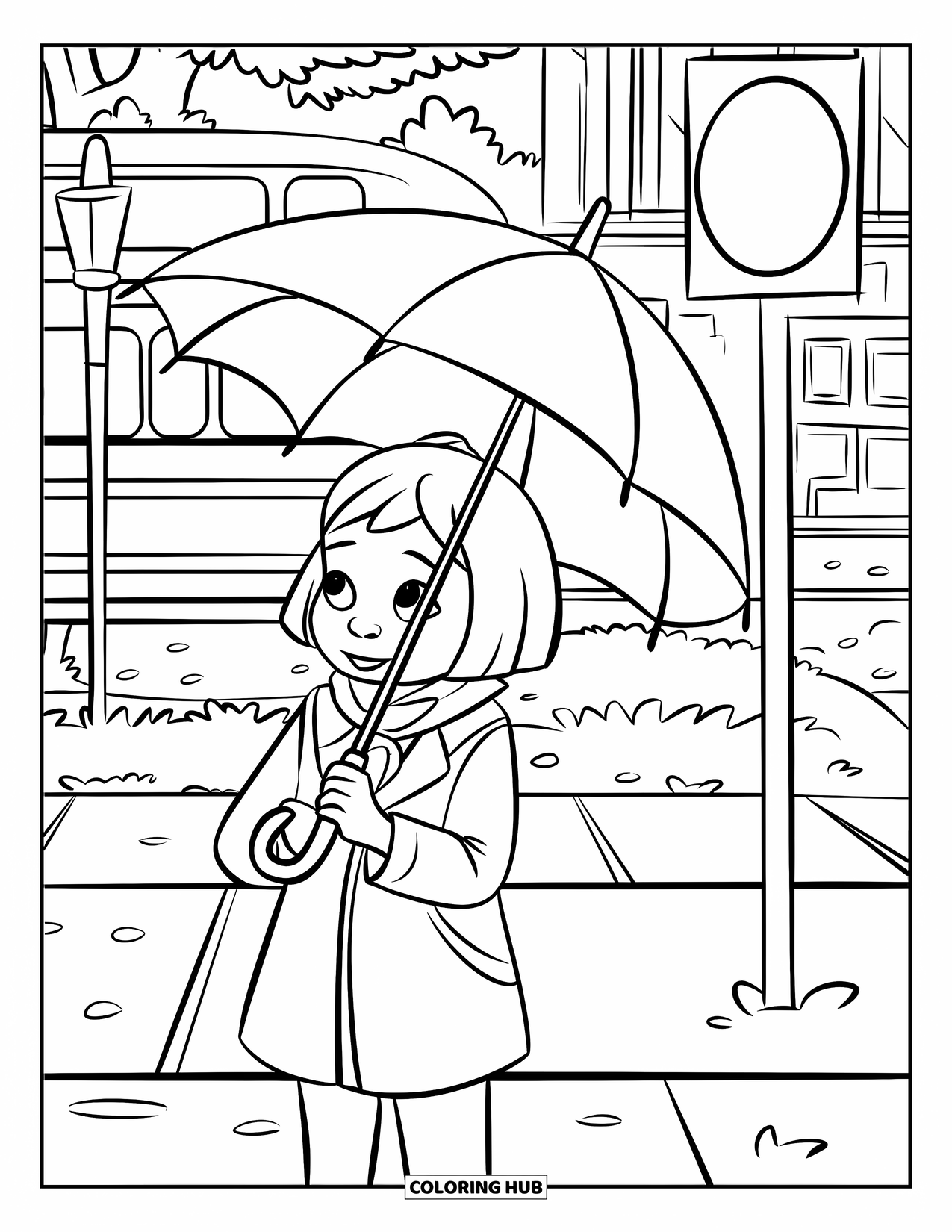 School Bus Coloring Page for Kids: A bundled-up child stands with an umbrella near a bus stop and nearby building