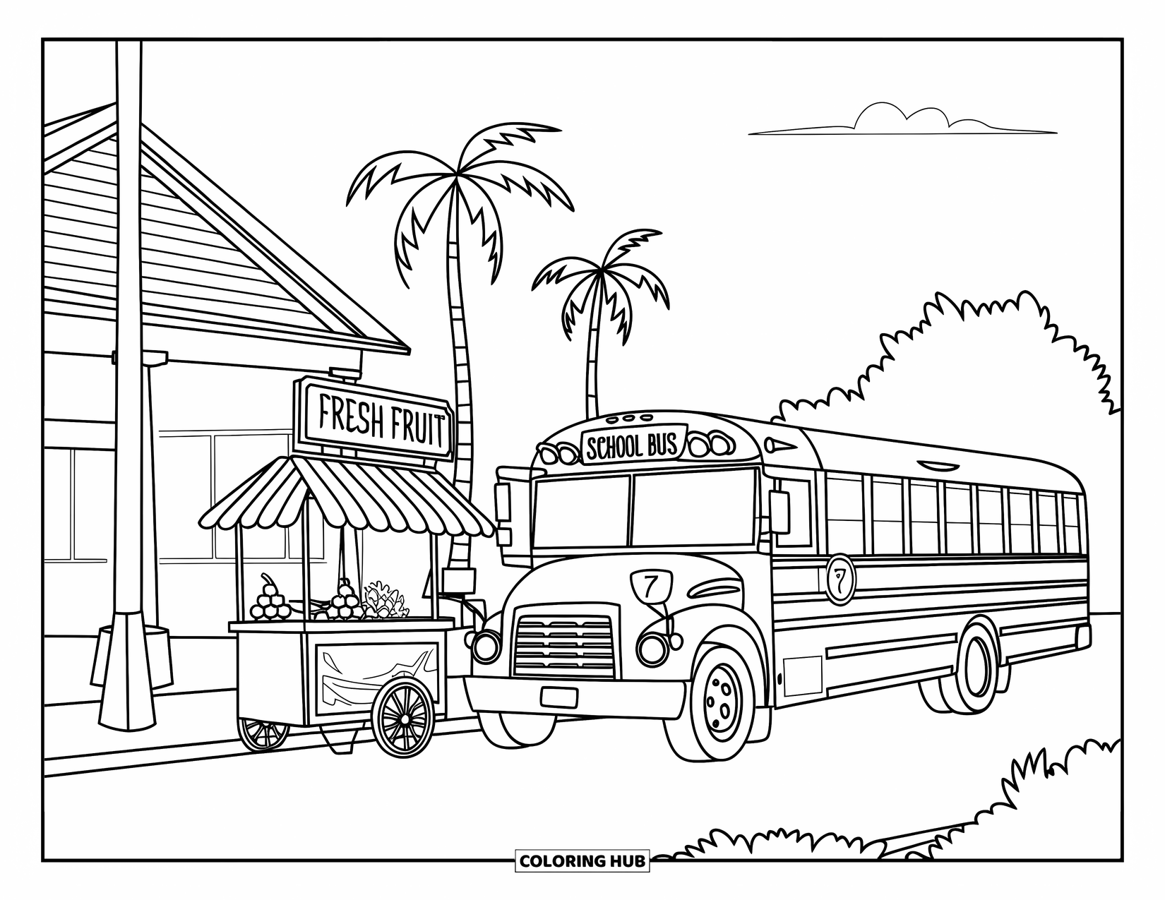 School Bus Coloring Page for Kids: A bus parks beside a fruit cart near a school with palm trees and clouds above
