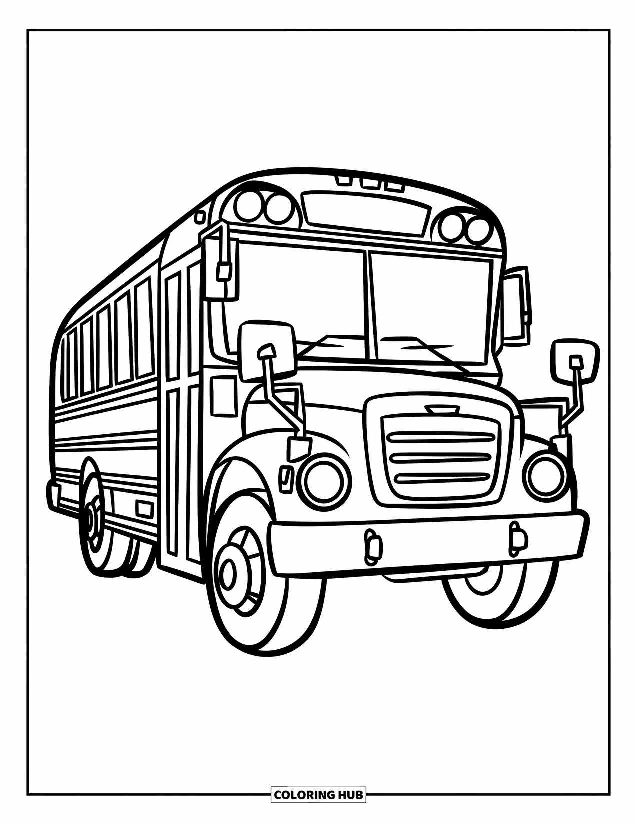 School Bus Coloring Page for Kids: A bus with oversized wheels and lights stands ready with big, playful shapes