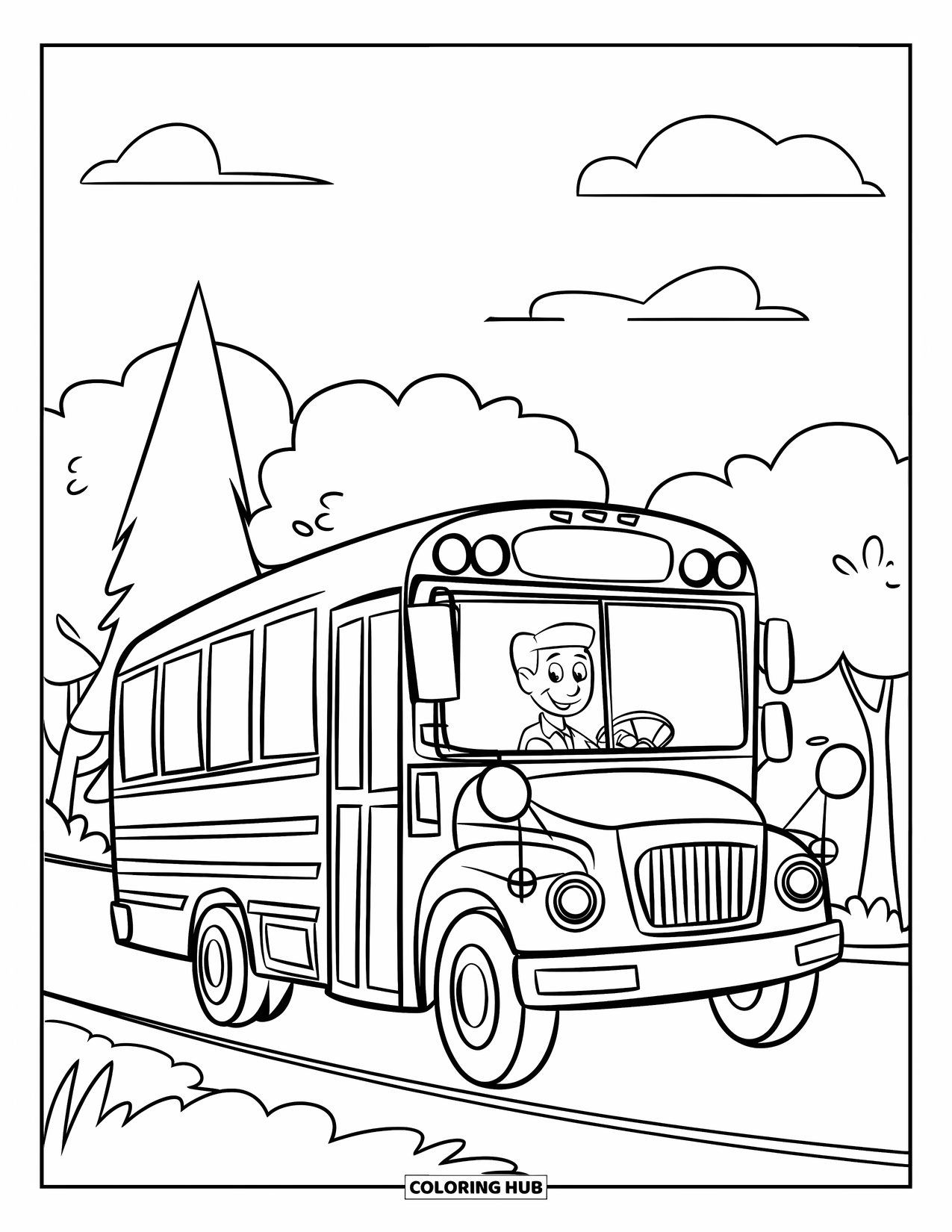 School Bus Coloring Page for Kids: A cheerful bus with open windows rolls past trees under a sky with soft clouds