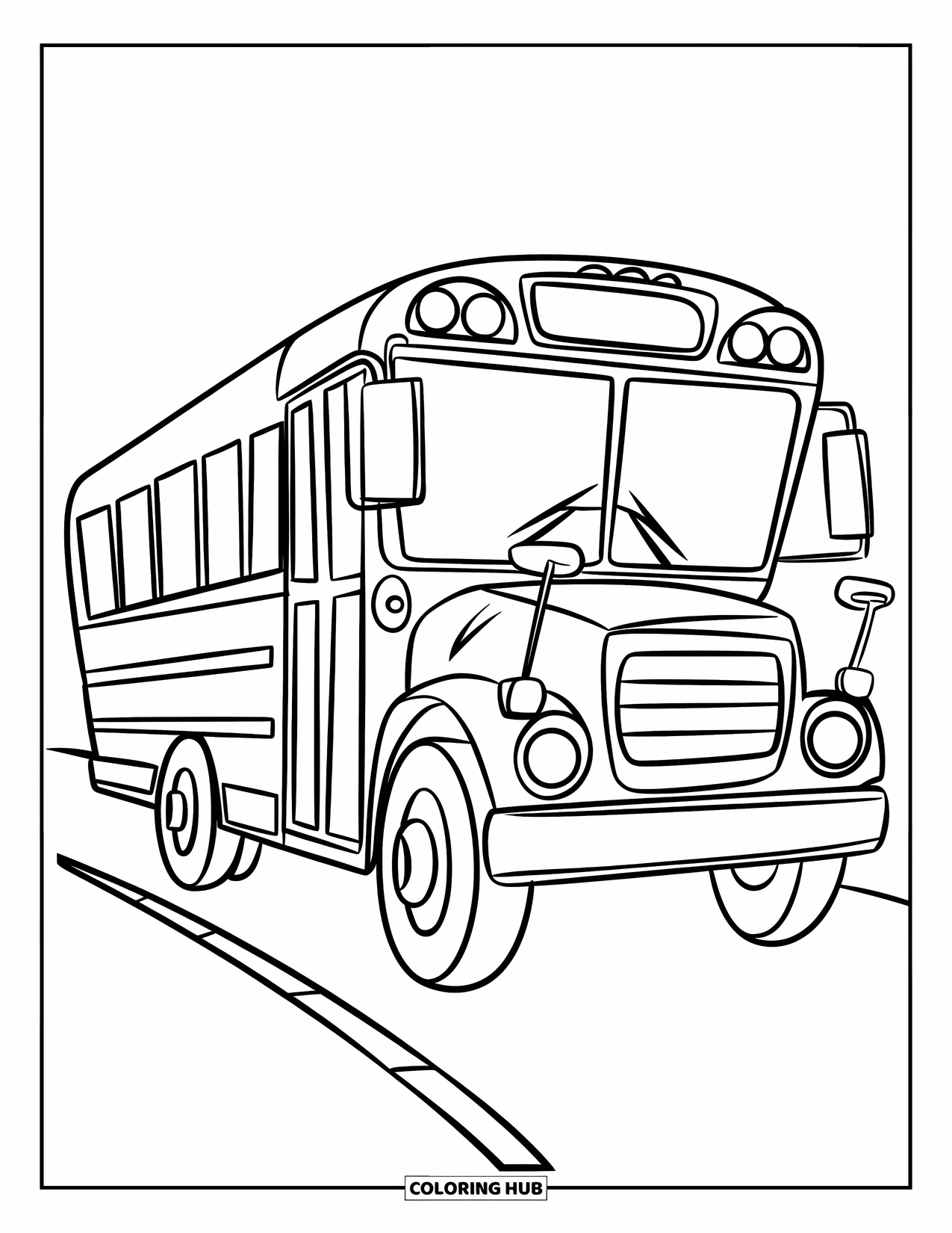School Bus Coloring Page for Kids: A chunky bus with big wheels rests on a road marked with a single line