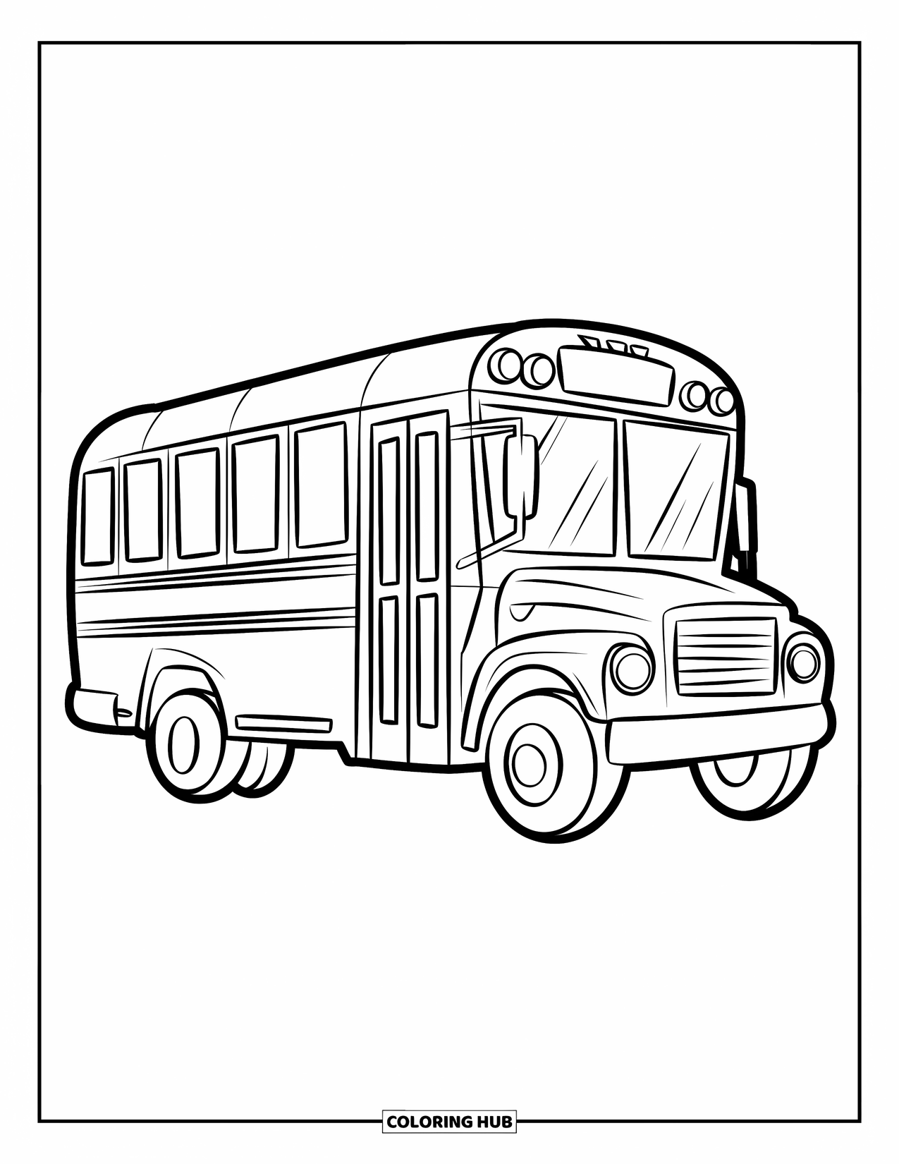School Bus Coloring Page for Kids: A clear-shaped bus with round wheels waits quietly with no one around