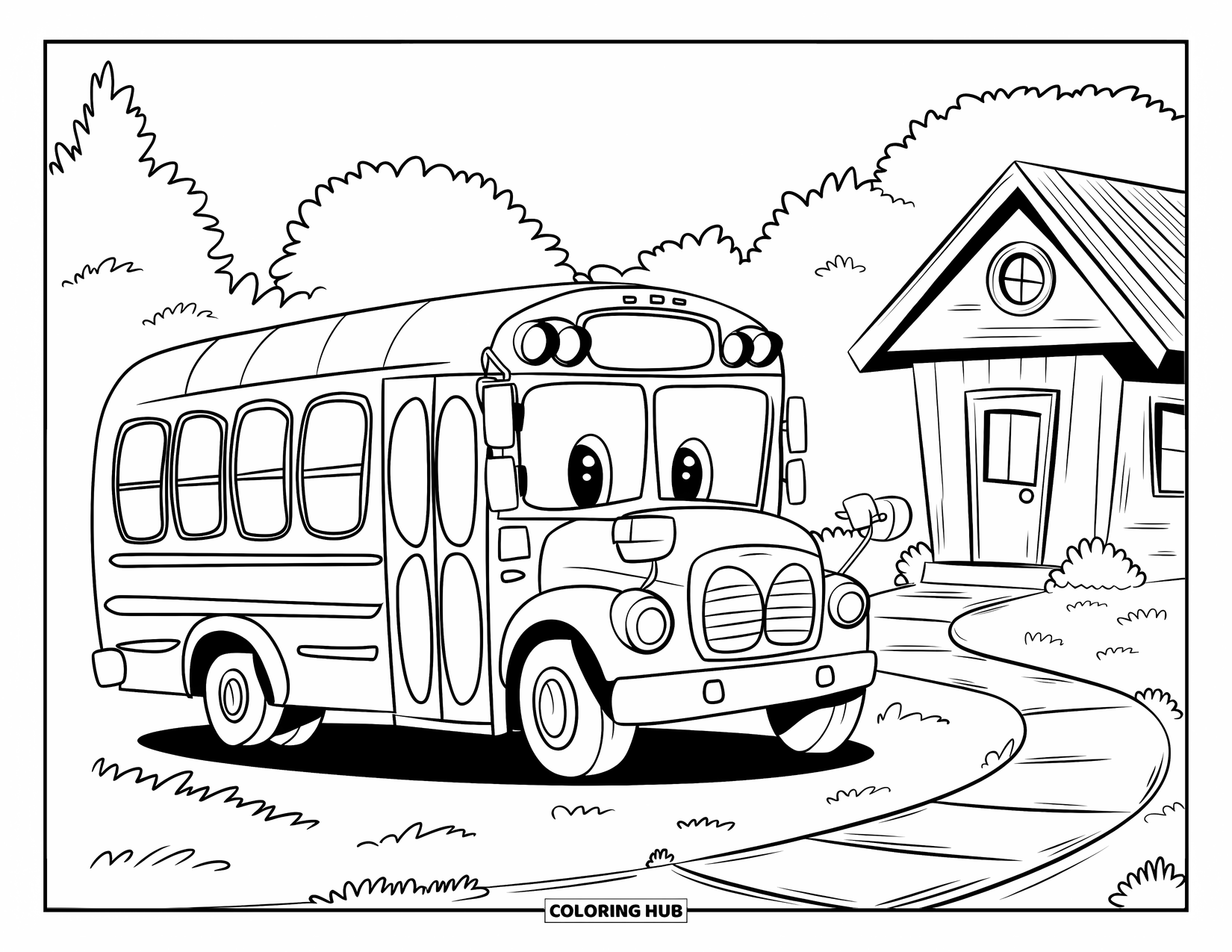 School Bus Coloring Page for Kids: A cute bus with large windows parks beside a school building and nearby trees