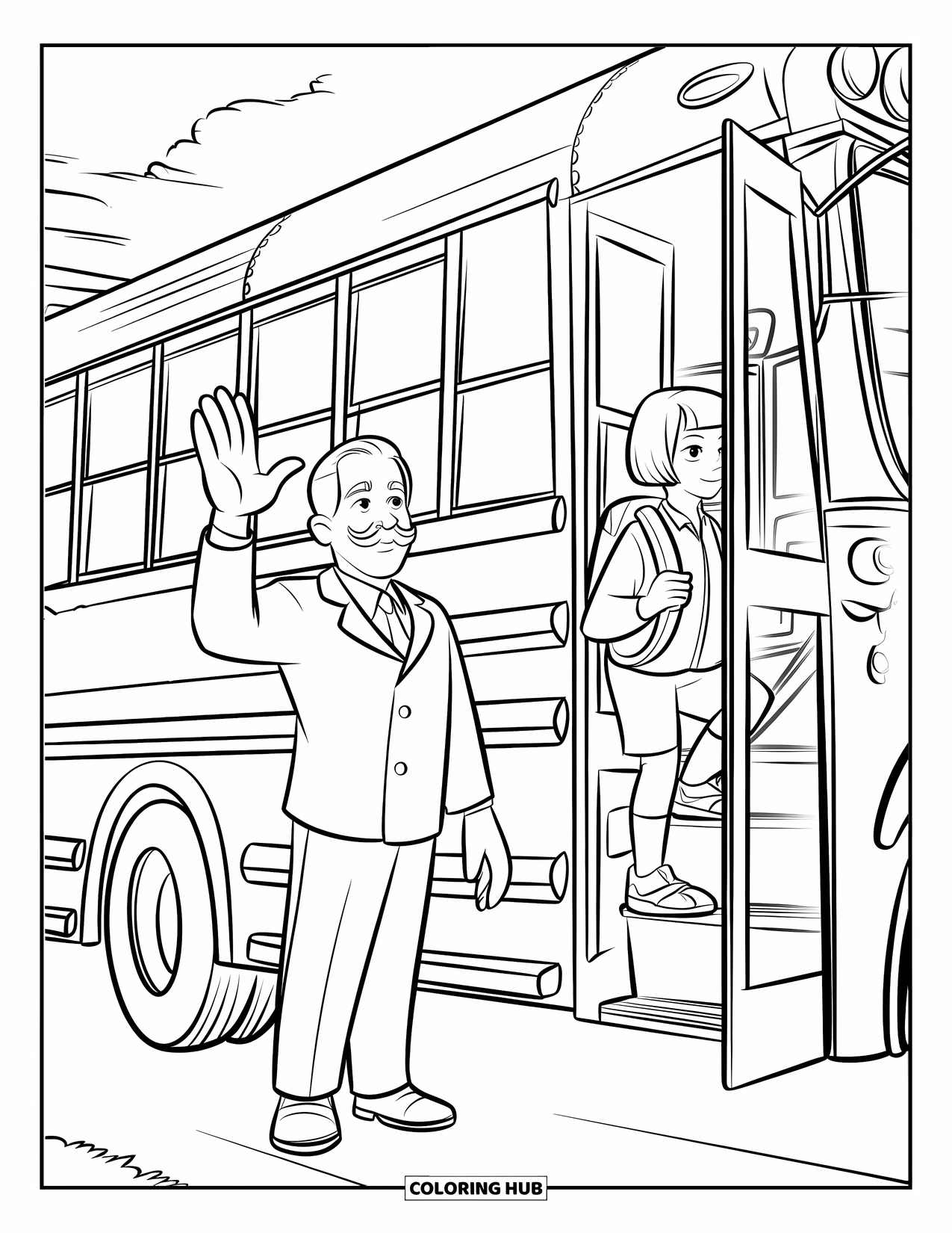 School Bus Coloring Page for Kids: A friendly bus driver waves as a student climbs into the school bus