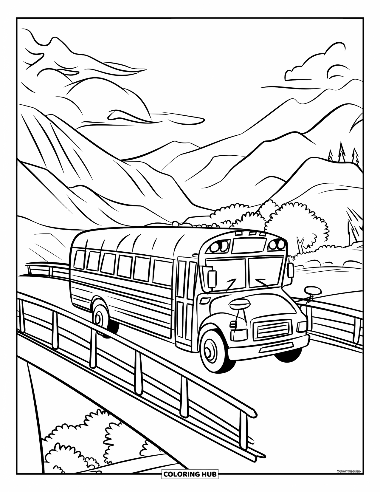 School Bus Coloring Page for Kids: A scenic bridge carries a school bus past mountains, trees, and a bright sky