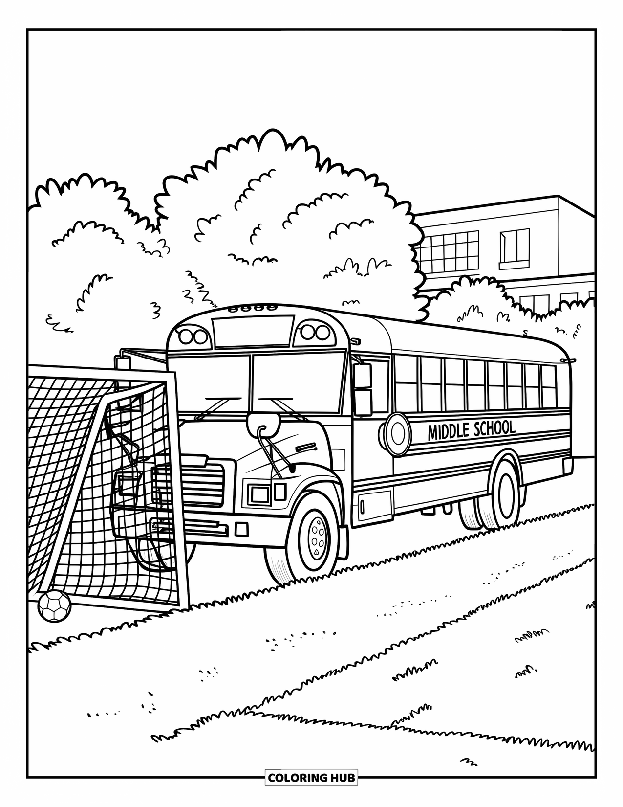 School Bus Coloring Page for Kids: A school bus parks beside a soccer field with a goal and scattered soccer balls