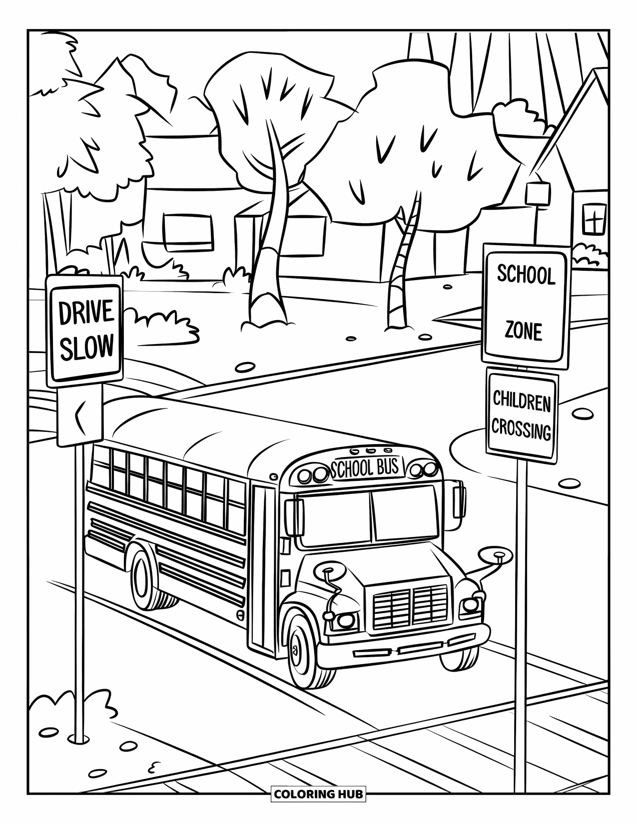 School Bus Coloring Page for Kids: A school bus turns past signs that read "Drive Slow" and "Children Crossing"