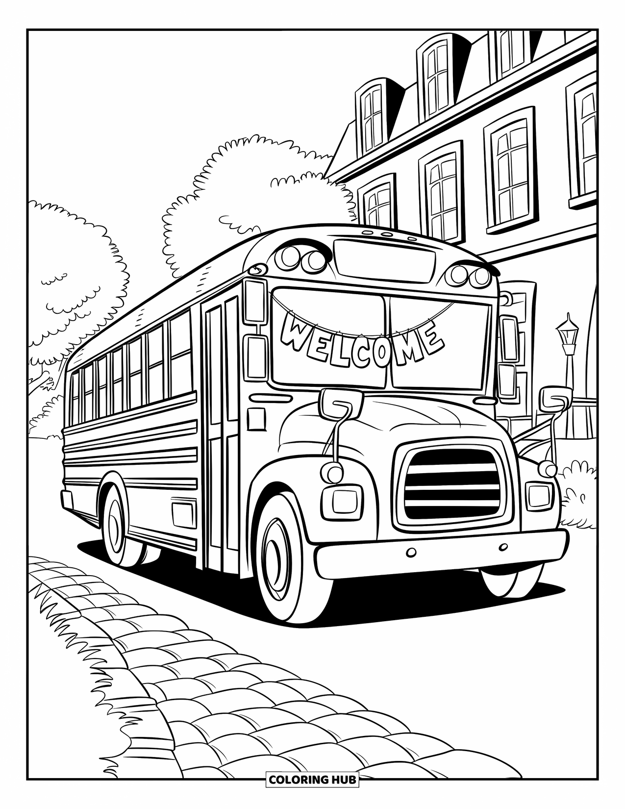 School Bus Coloring Page for Kids: A school bus with a welcome banner sits on cobblestones near trees and windows