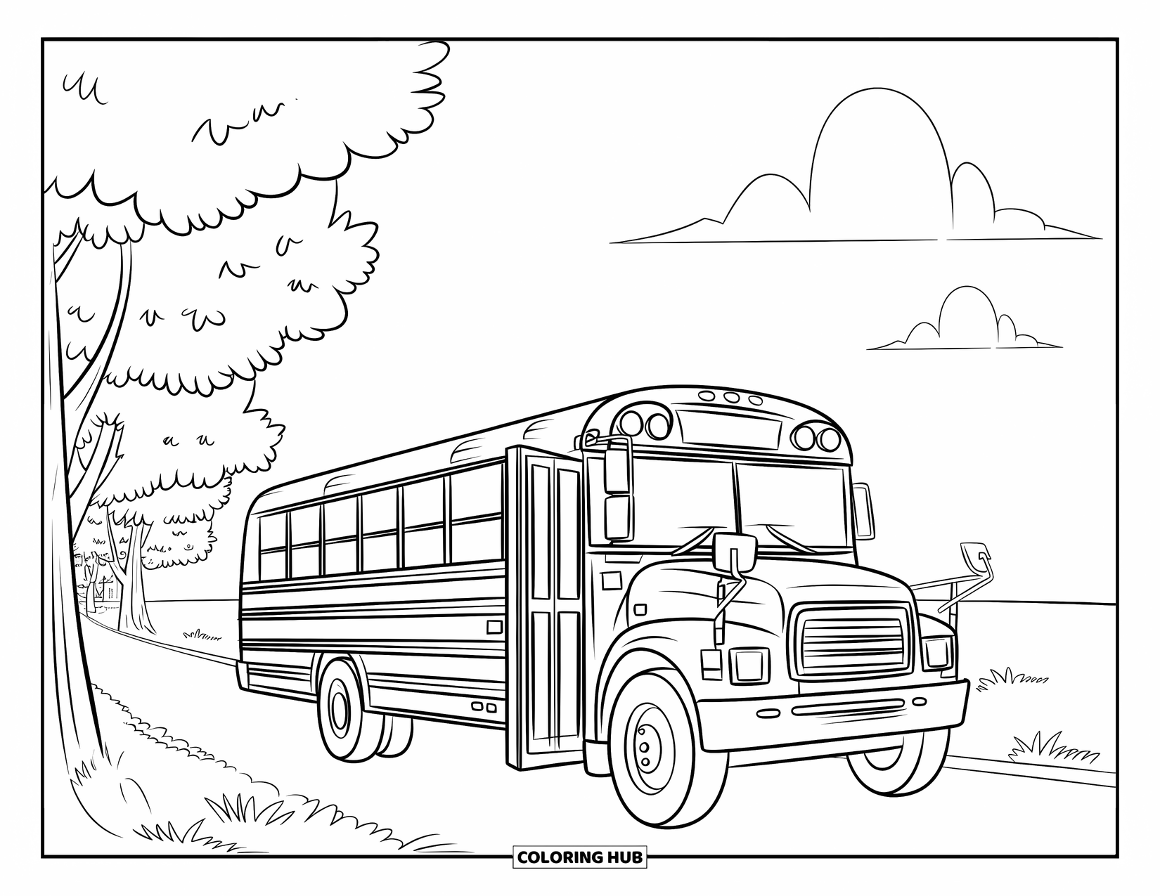 School Bus Coloring Page for Kids: A school bus with its door open is parked along a road with trees and clouds
