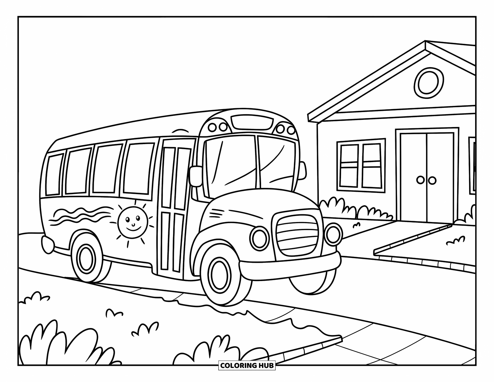 School Bus Coloring Page for Kids: A school bus with sun and waves on its side parks near grass and a school path