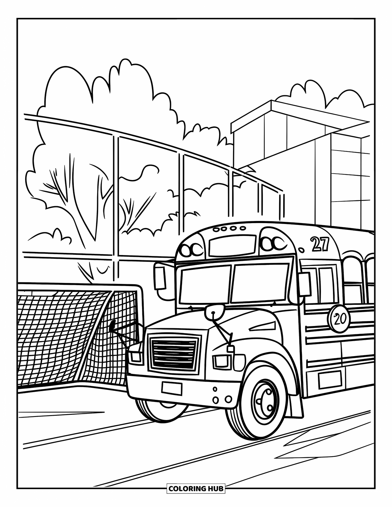School Bus Coloring Page for Kids: A school bus with the number 27 parks beside a field with a netted soccer goal