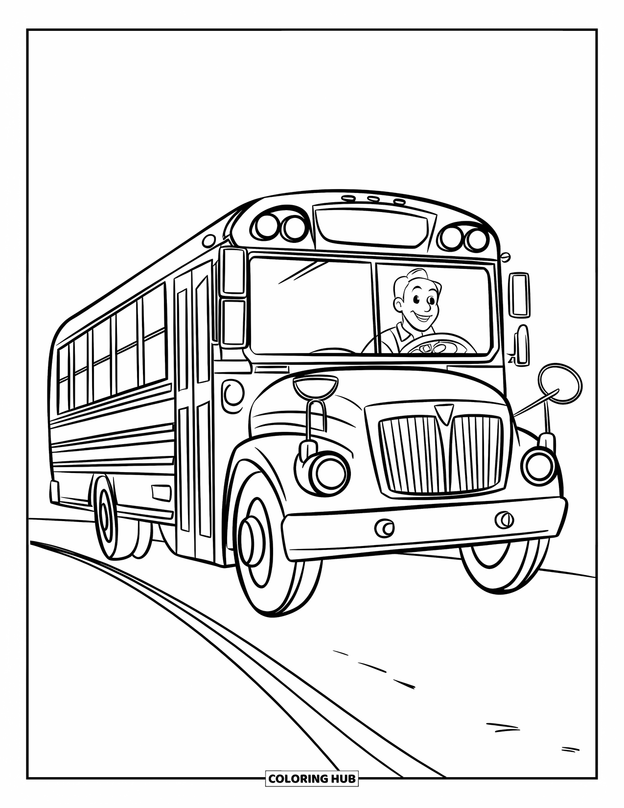 School Bus Coloring Page for Kids: A smiling driver steers a bus with open windows down a quiet road