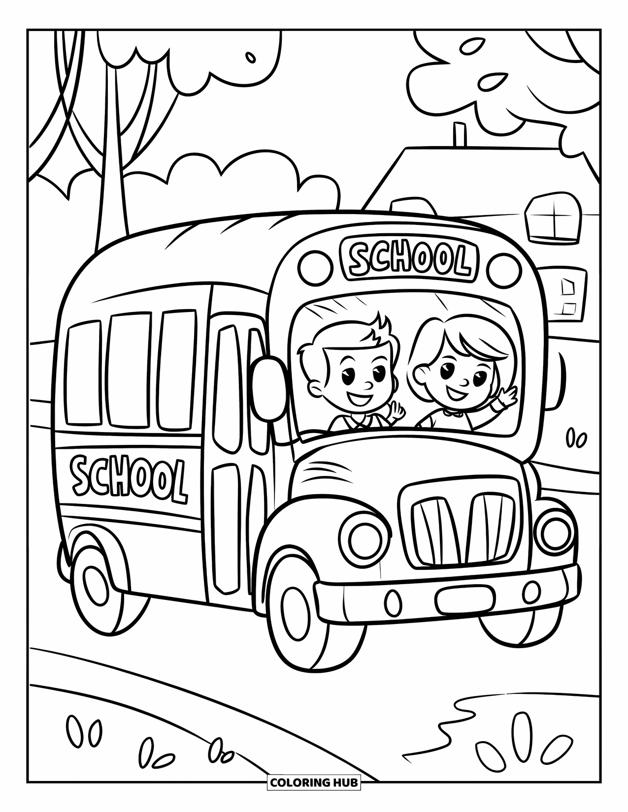 School Bus Coloring Page for Kids: Two happy kids wave from a bus marked "School" near trees and a building