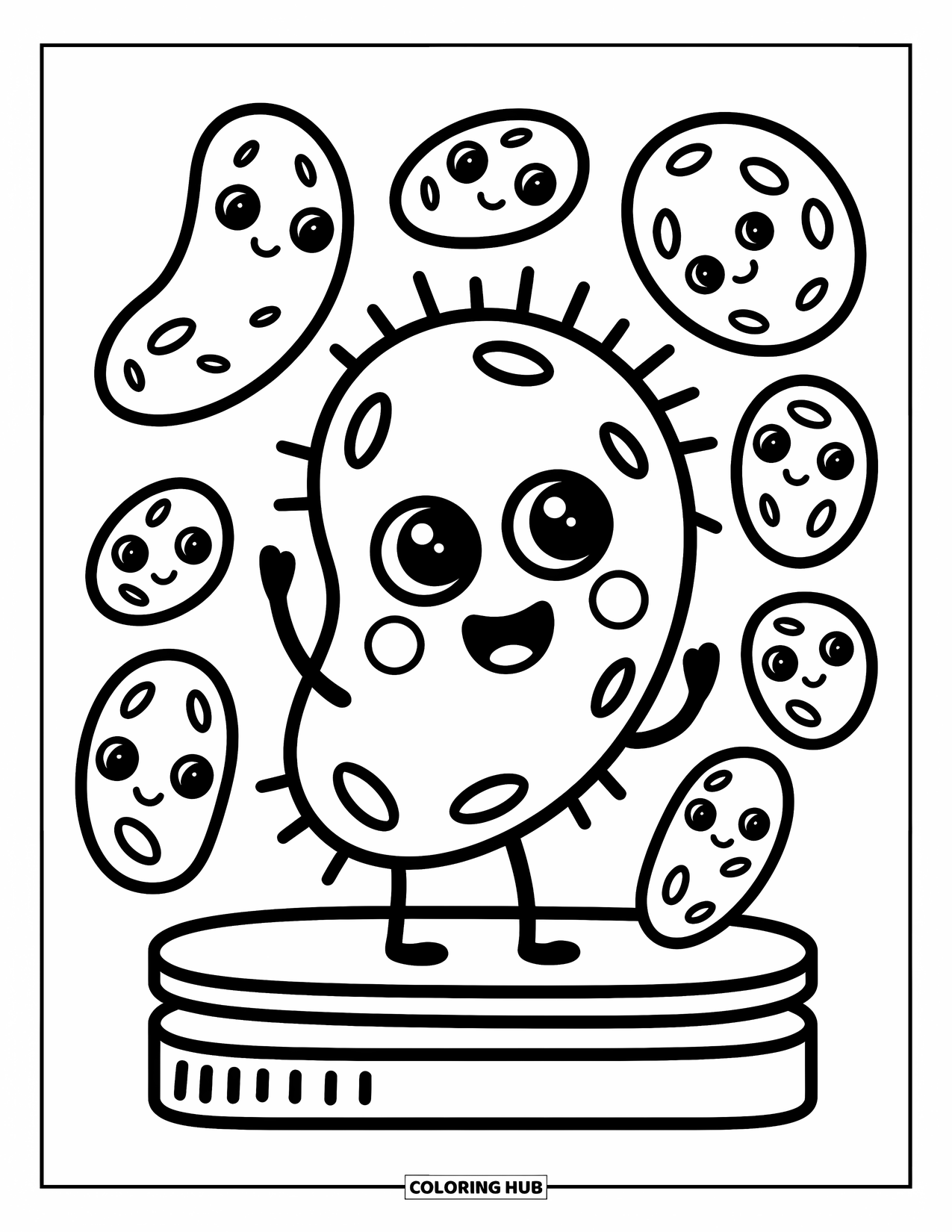 Science Coloring Page for Adults: Bubbly bacterium and friends float happily in a cozy petri dish on a microscope stage