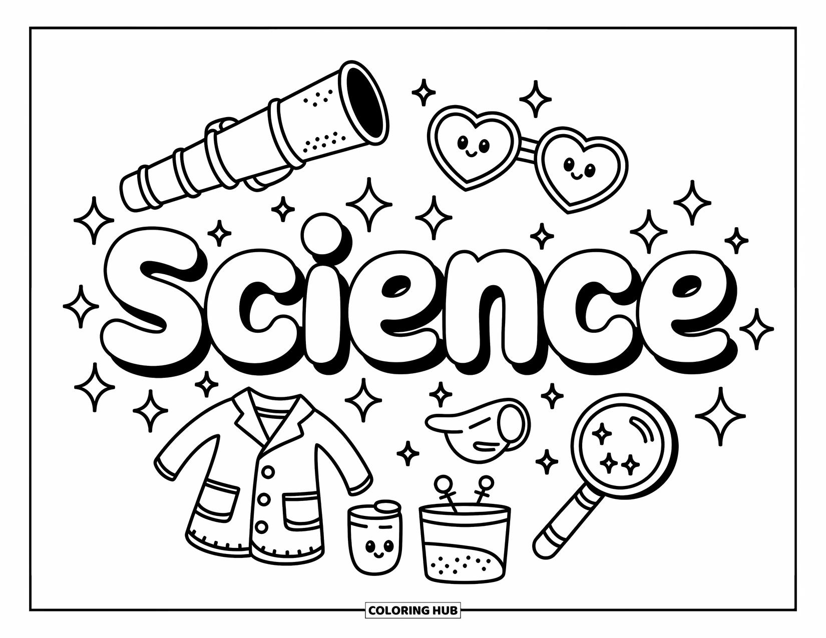 Science Coloring Page for Adults: Bubbly science lettering with cute lab elements in a whimsical circular layout
