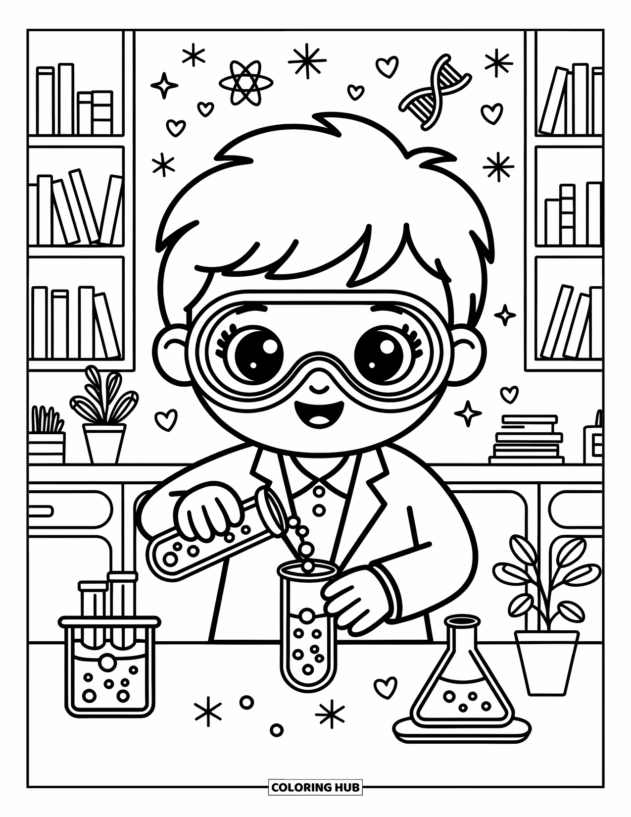 Science Coloring Page for Adults: Bubbly scientist in a cozy lab pours liquid as floating doodles swirl around