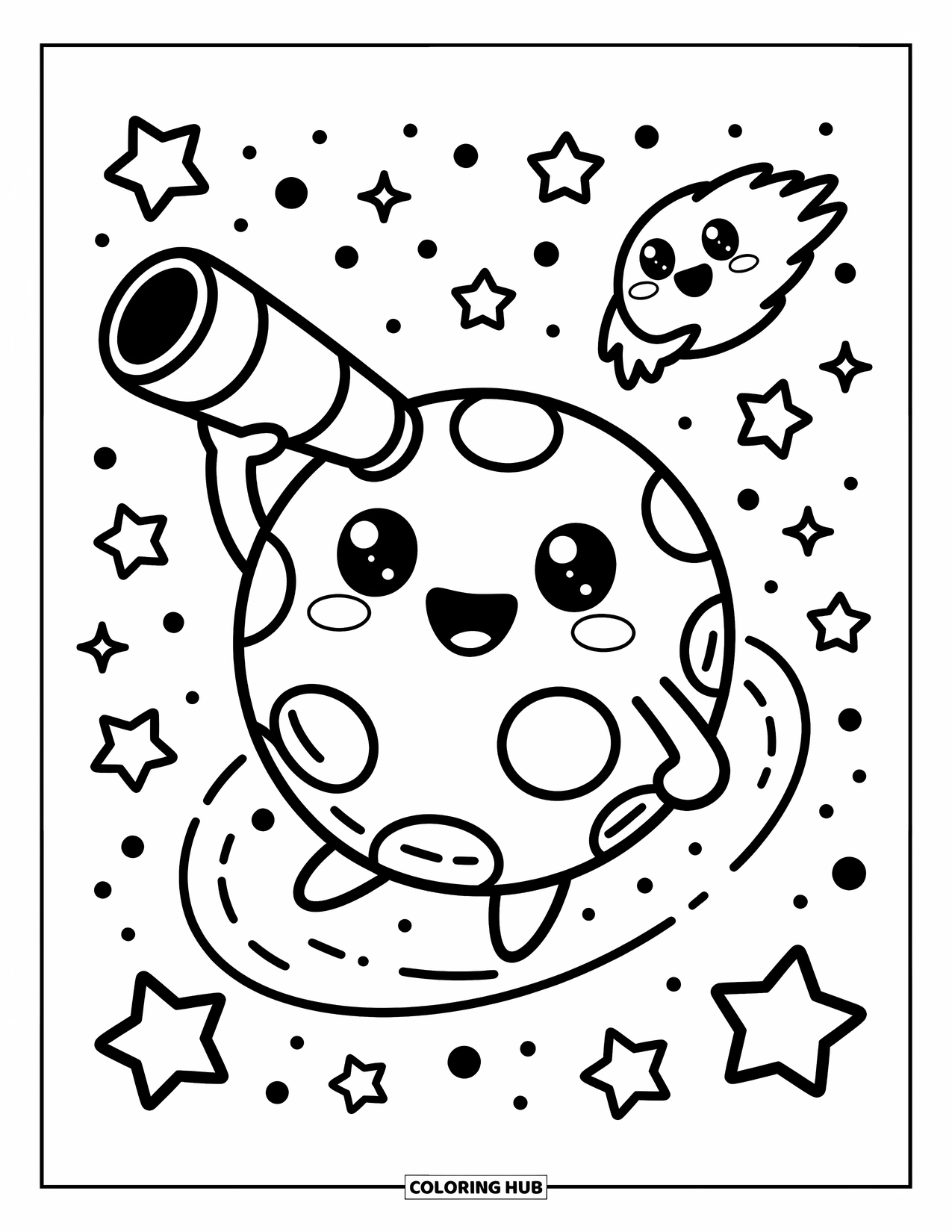 Science Coloring Page for Adults: Cheerful planet with a telescope floats among stars while a smiling comet drifts by