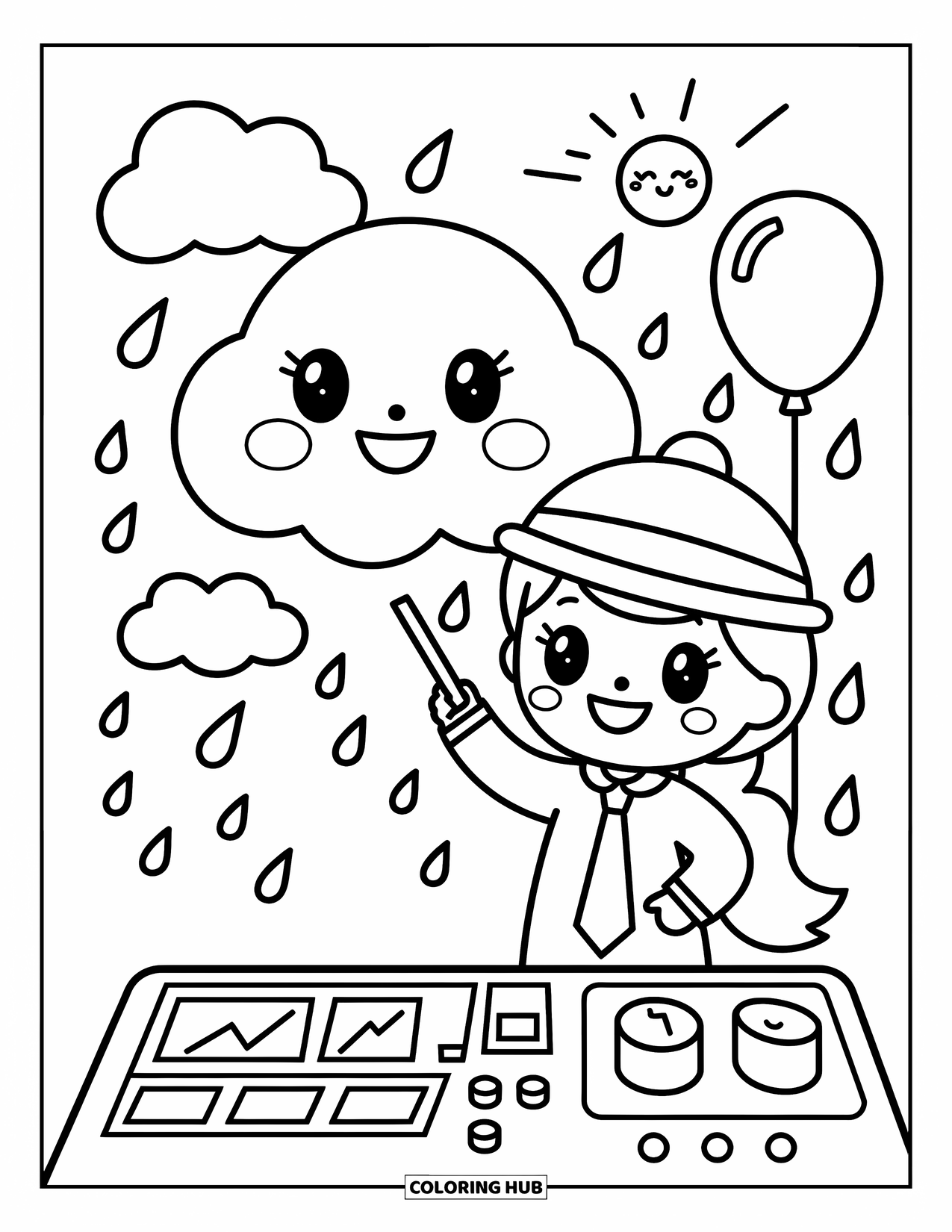 Science Coloring Page for Adults: Chibi meteorologist points at happy cloud chart with wind gusts and balloon nearby