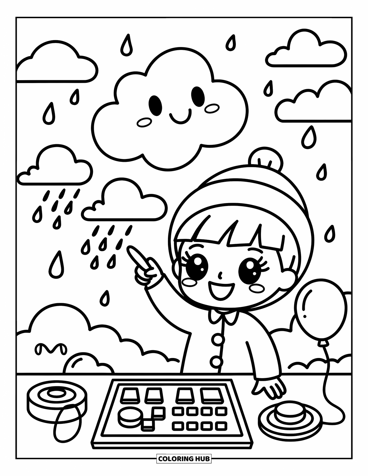 Science Coloring Page for Adults: Chibi meteorologist with cheerful weather doodles, including clouds, wind, and a sunny balloon