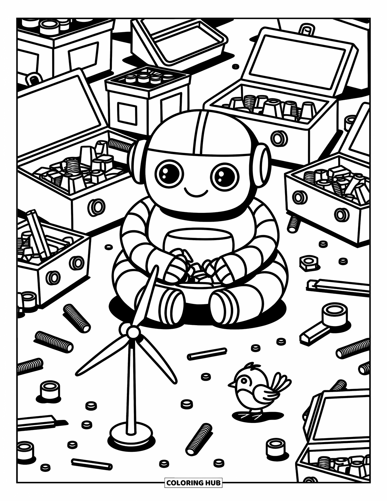 Science Coloring Page for Adults: Chubby robot builds a tiny wind turbine while a curious bird watches in a cozy workshop