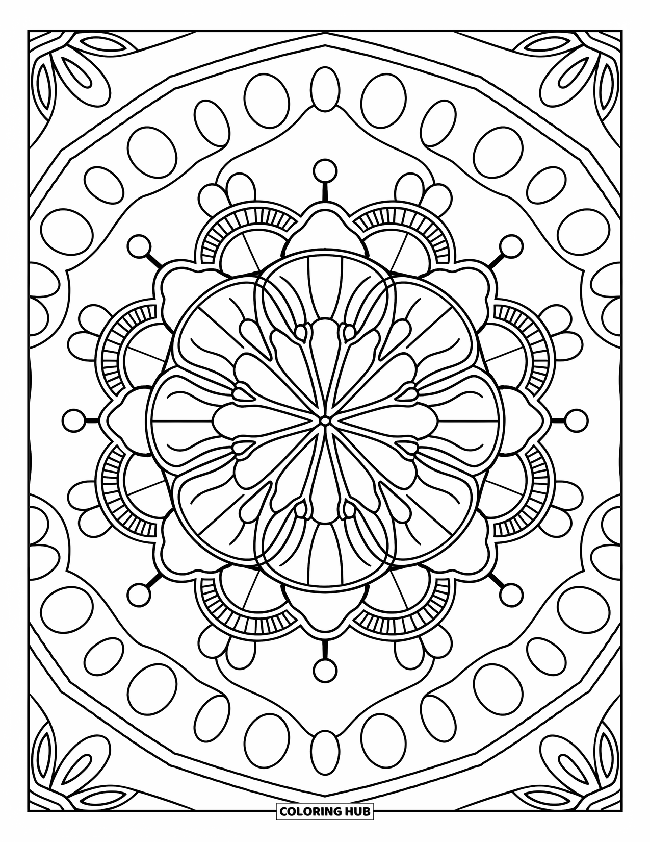 Science Coloring Page for Adults: DNA strands and atoms twist into a calm, balanced mandala design