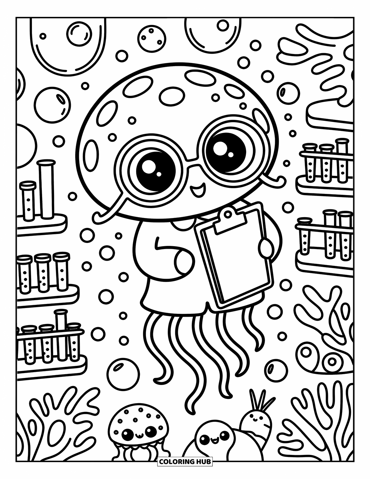 Science Coloring Page for Adults: Floating jellyfish scientist works in a playful underwater lab with adorable sea helpers