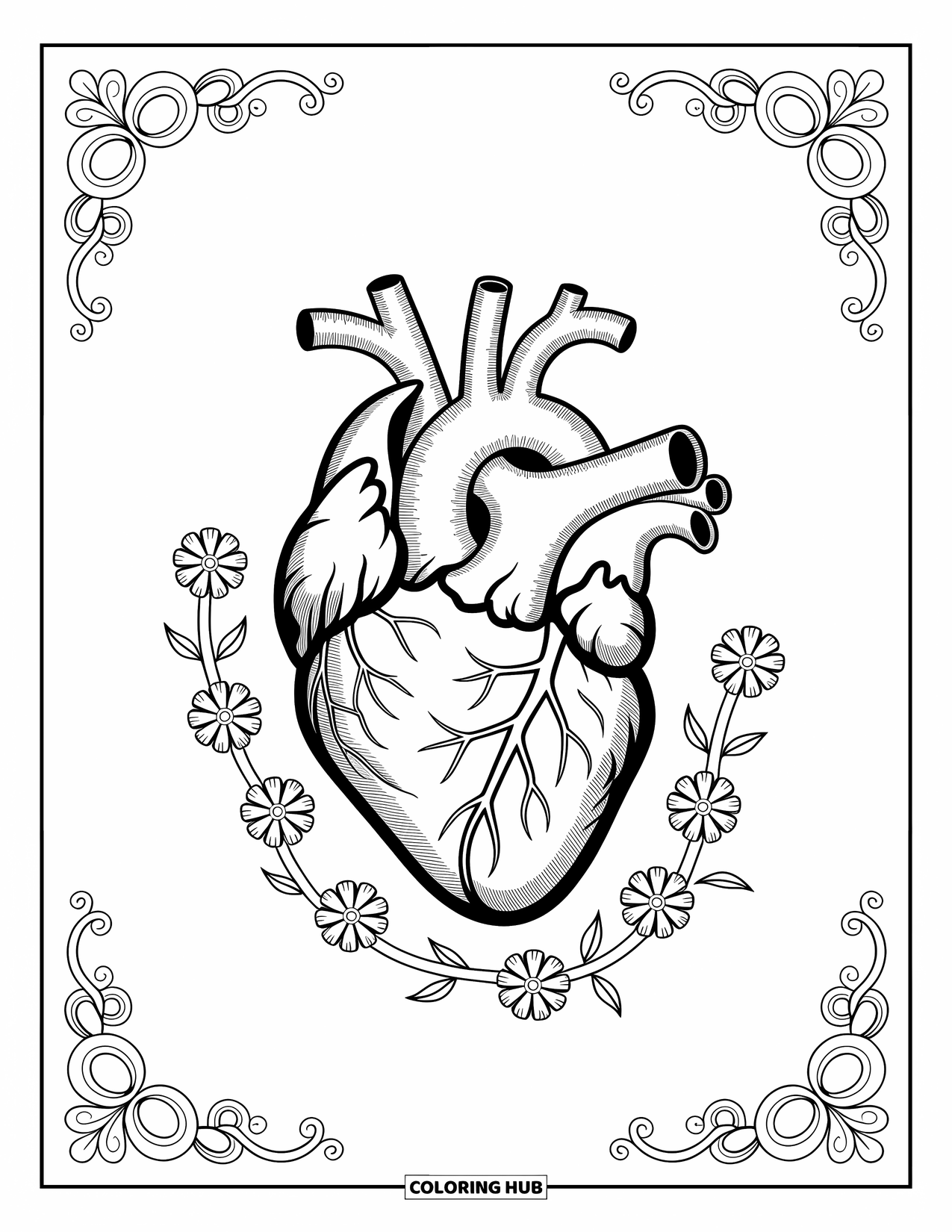 Science Coloring Page for Adults: Floral vines curl around a heart with soft labels and swirling background motifs
