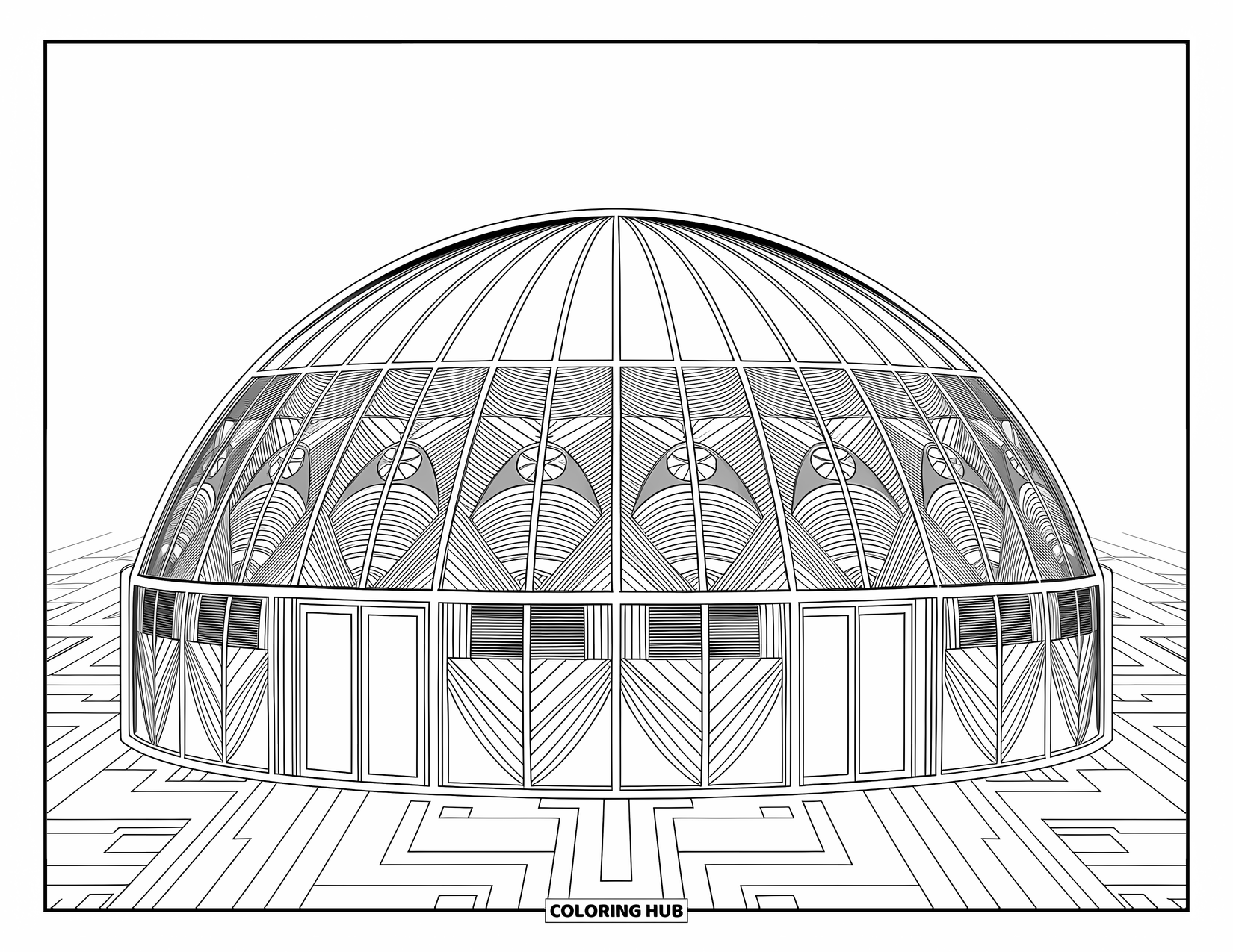 Science Coloring Page for Adults: Greenhouse dome filled with intricate systems, lush interiors, and elegant patterns