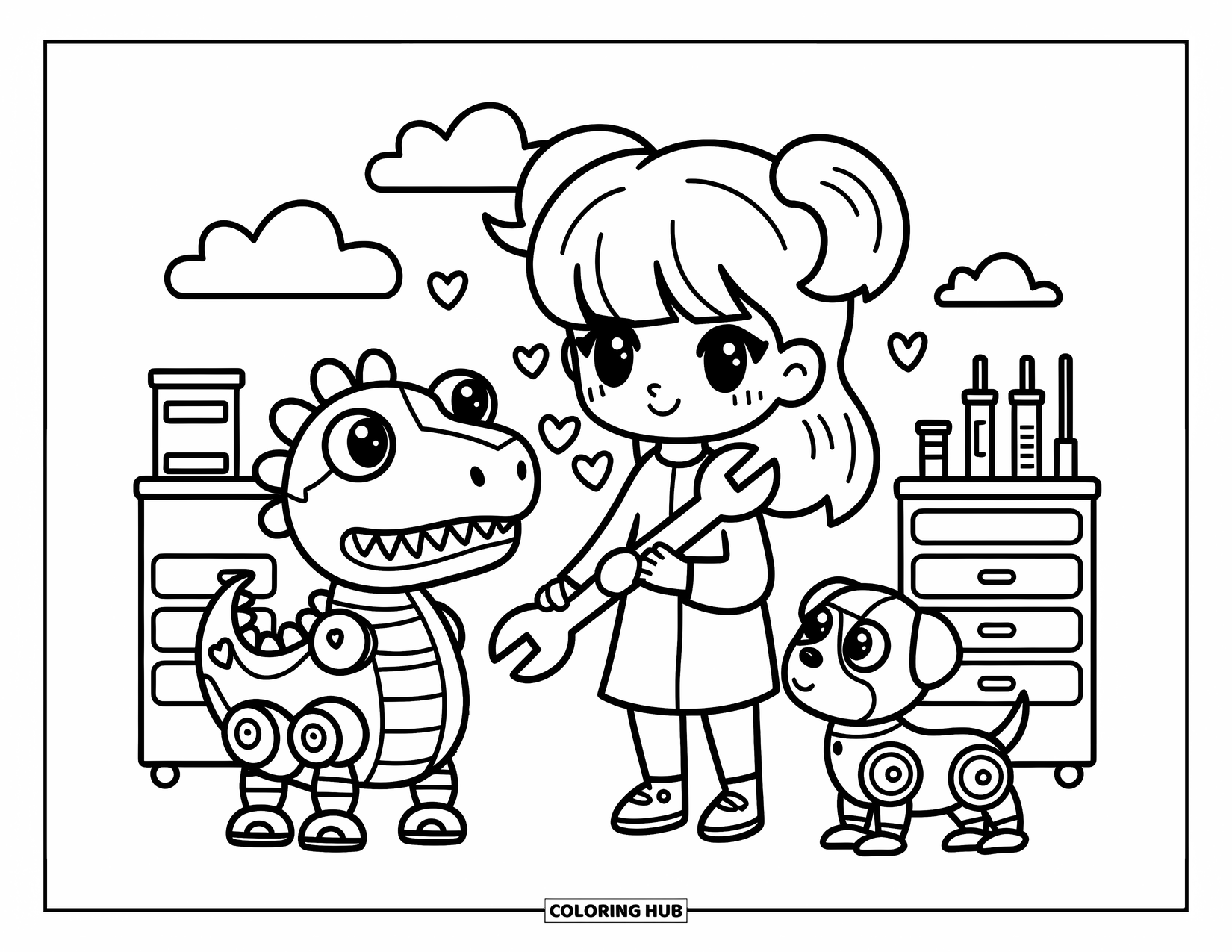 Science Coloring Page for Adults: Inventor girl fixes a robot dinosaur while a curious robot puppy looks on