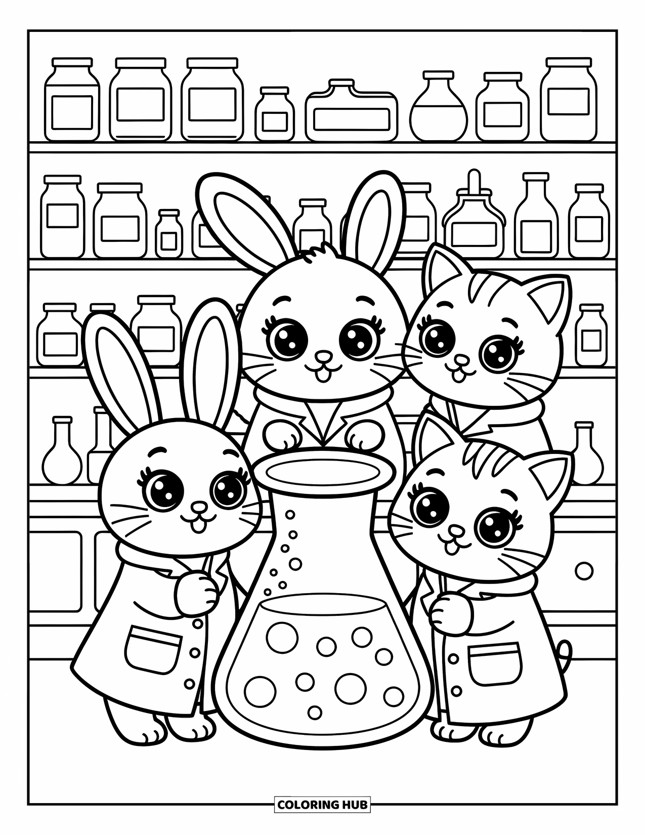 Science Coloring Page for Adults: Lab animals in oversized coats explore a glowing beaker among cute shelves and doodles