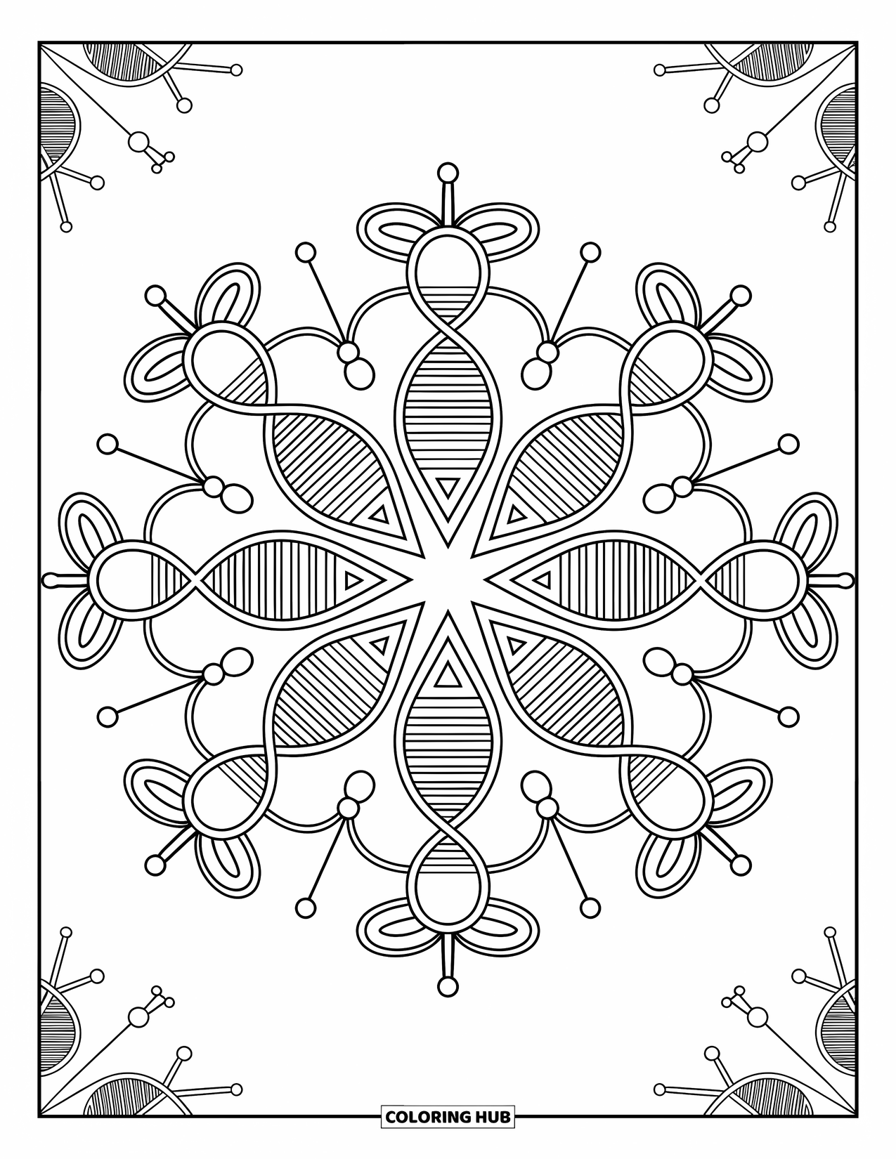 Science Coloring Page for Adults: Molecular mandala weaves DNA and atoms into a soothing, rhythmic pattern