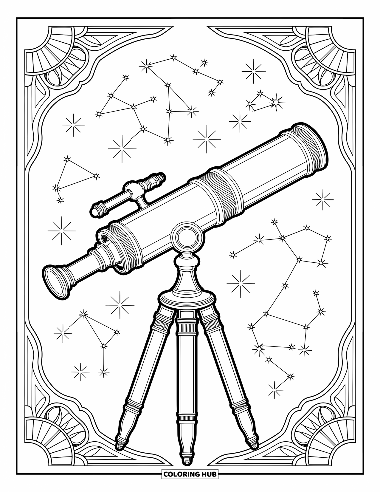Science Coloring Page for Adults: Ornate telescope gazes at constellations in a sky filled with soft swirling patterns