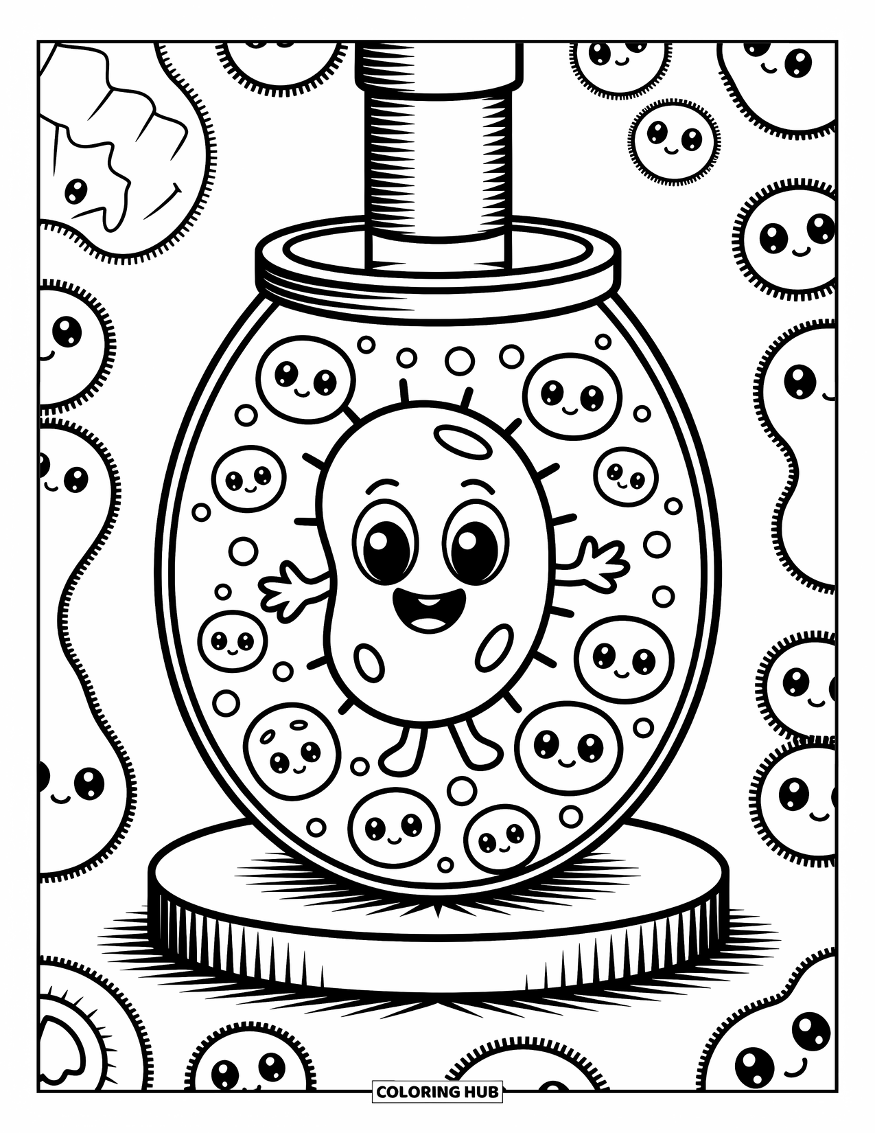 Science Coloring Page for Adults: Playful bacterium with big eyes laughs with squishy friends inside a petri dish